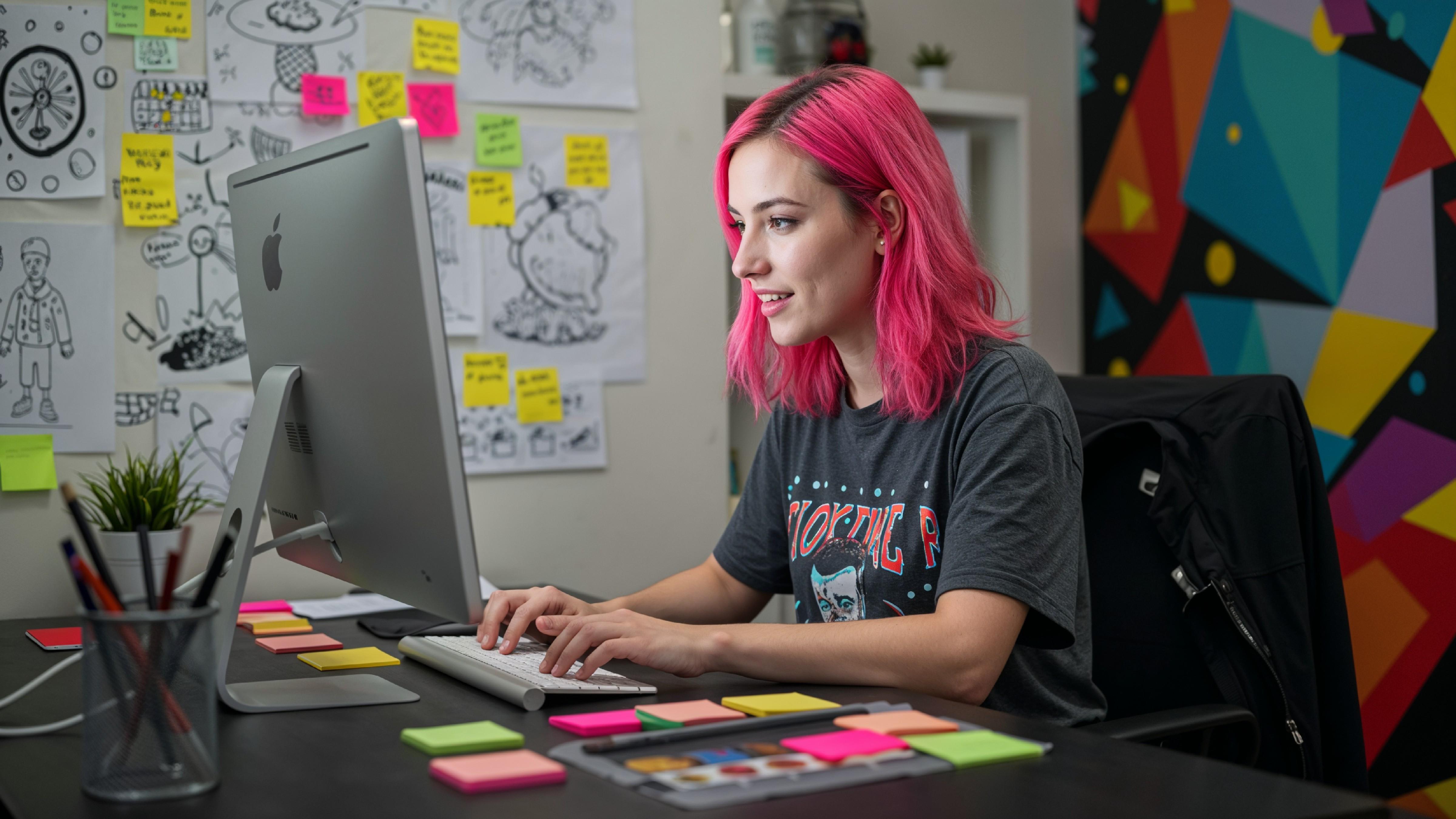 Young Woman Working on Laptop at Modern Home Office Workspace