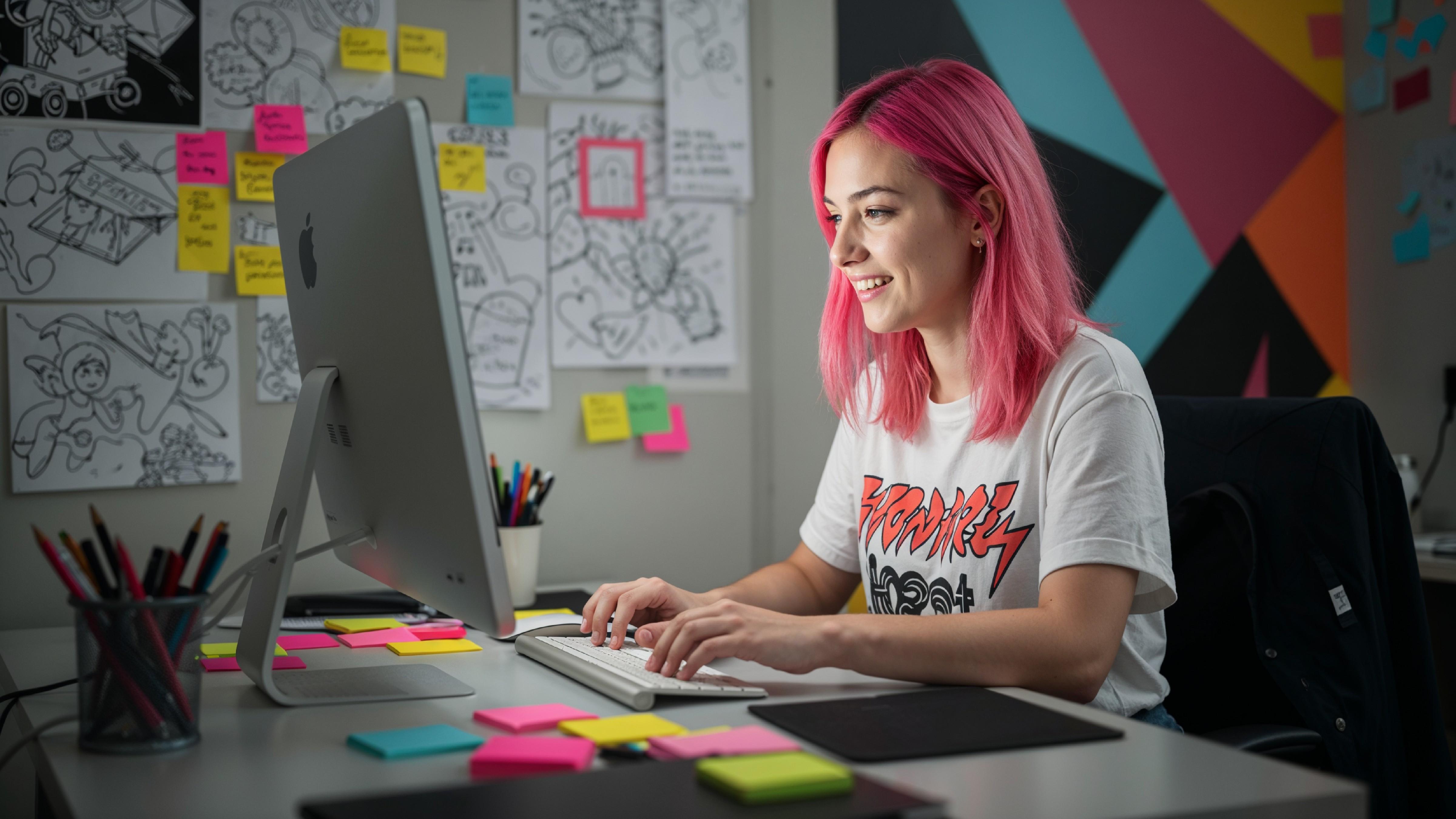 Young Woman Working on Laptop at Modern Home Office Workspace