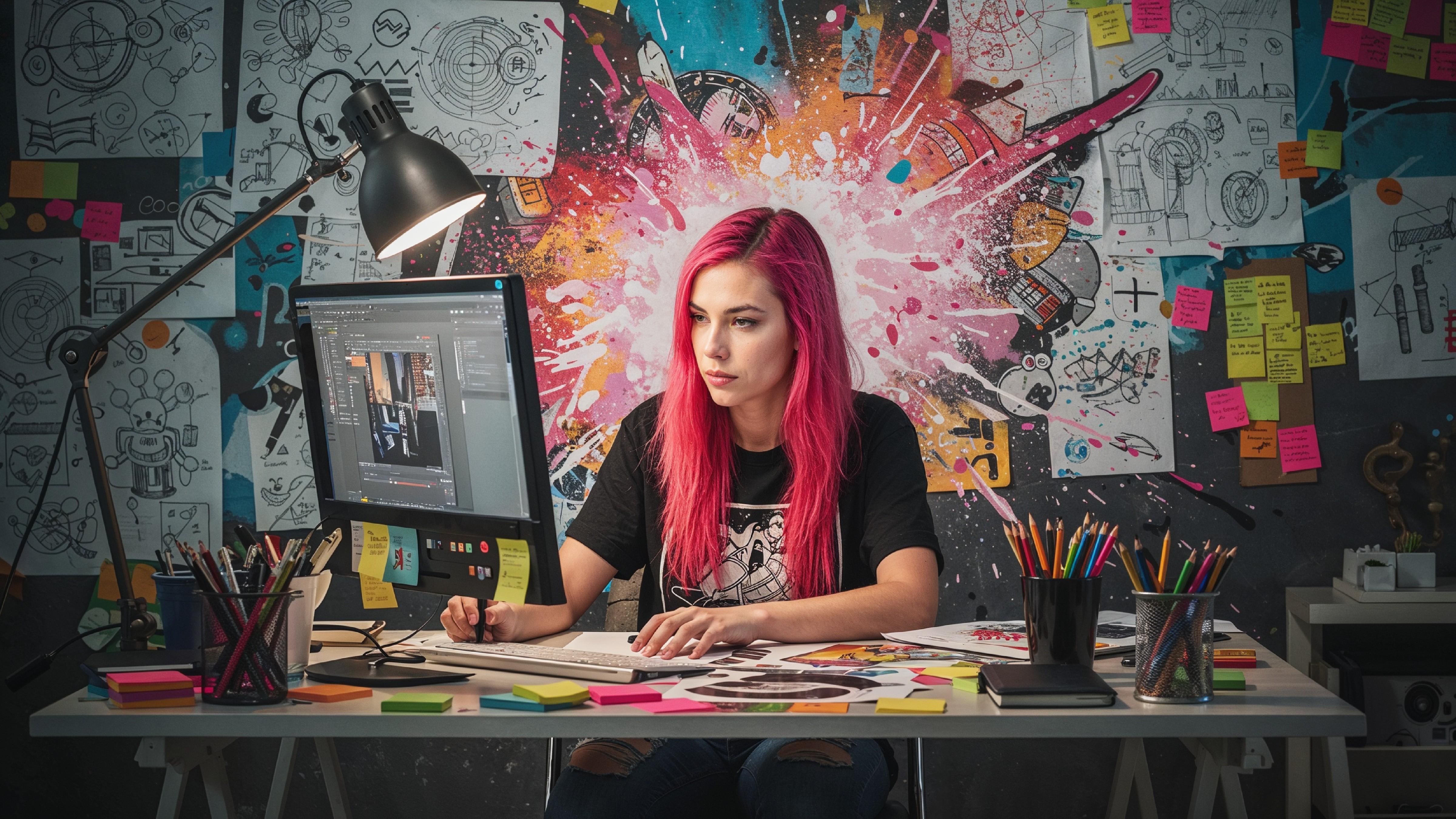Young Woman Working on Laptop at Modern Home Office Workspace