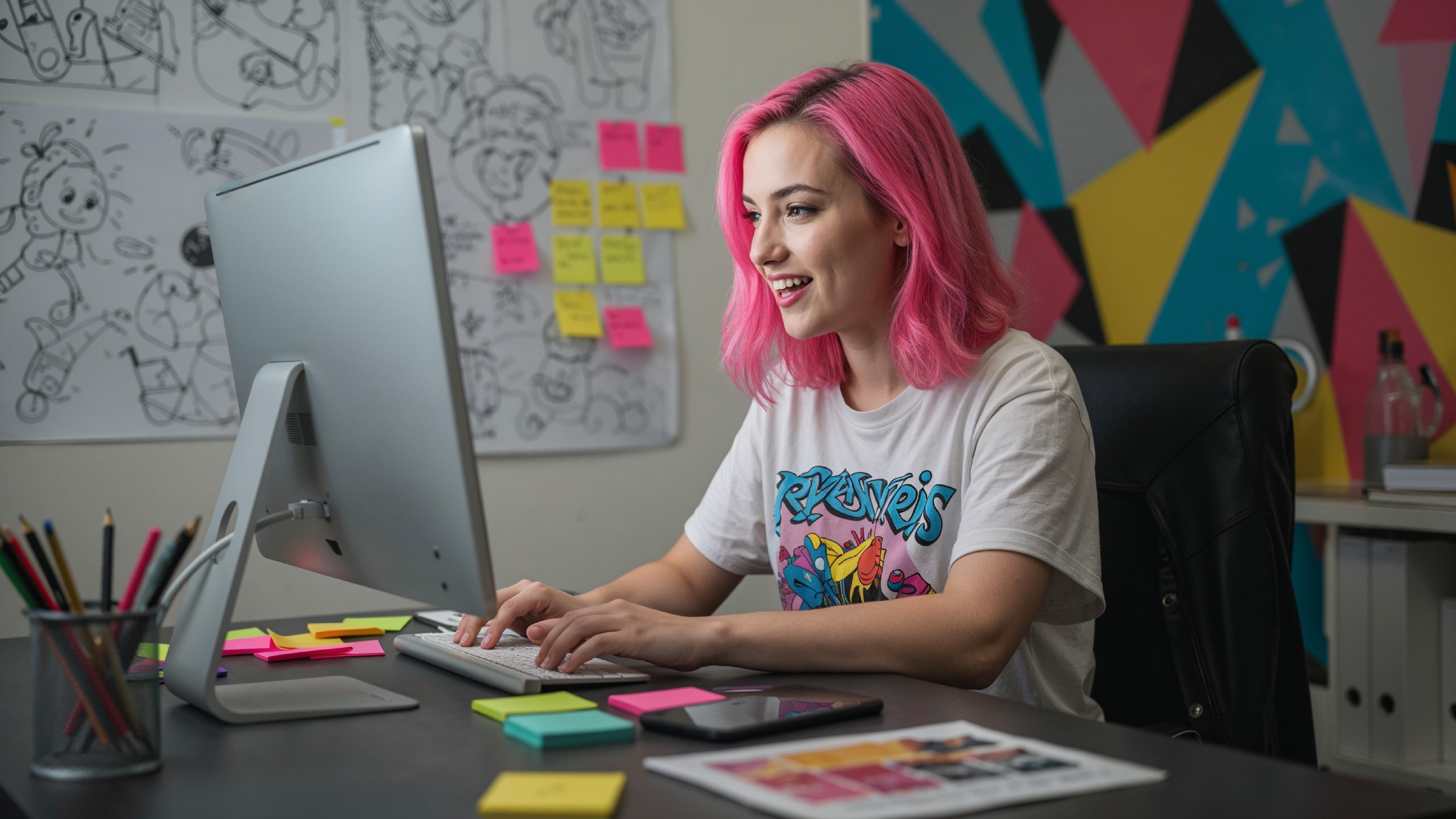 Young Woman Working on Laptop at Modern Home Office Workspace
