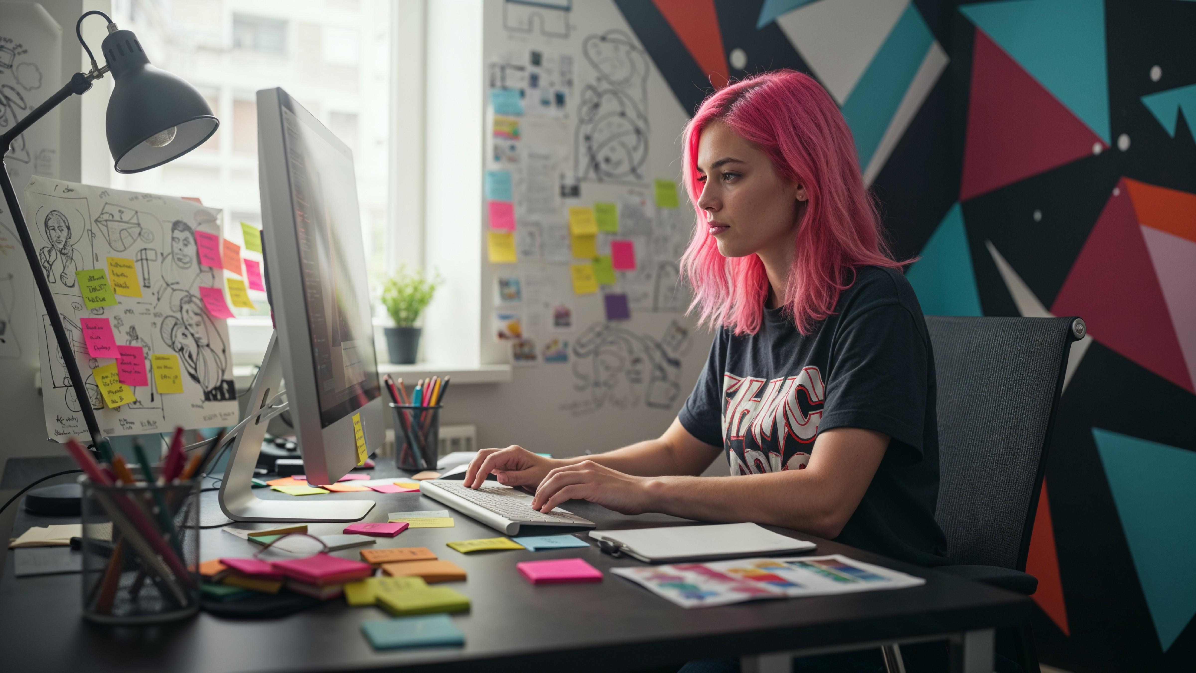 Young Woman Working on Laptop at Modern Home Office Workspace