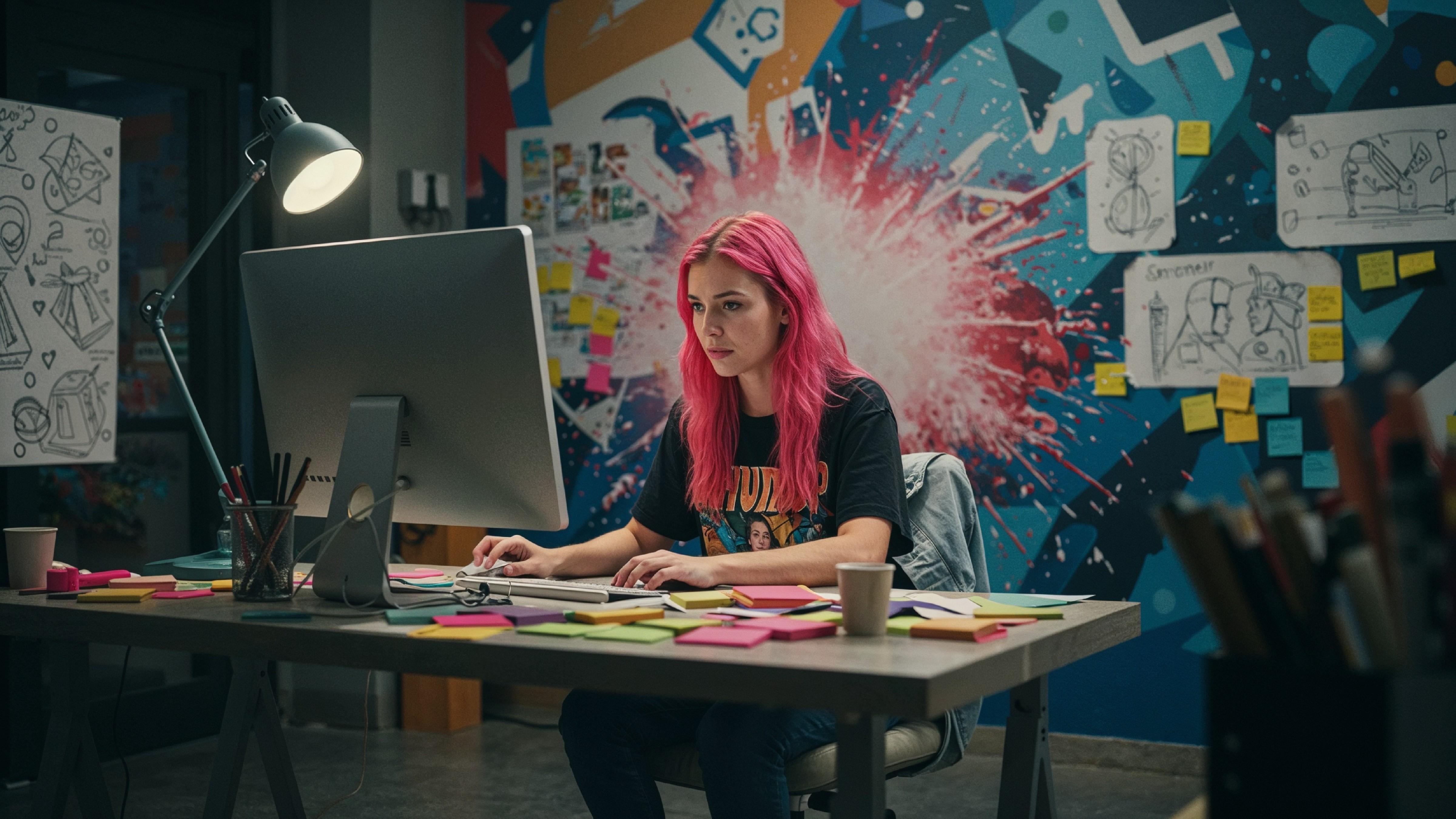 Young Woman Working on Laptop at Modern Home Office Workspace