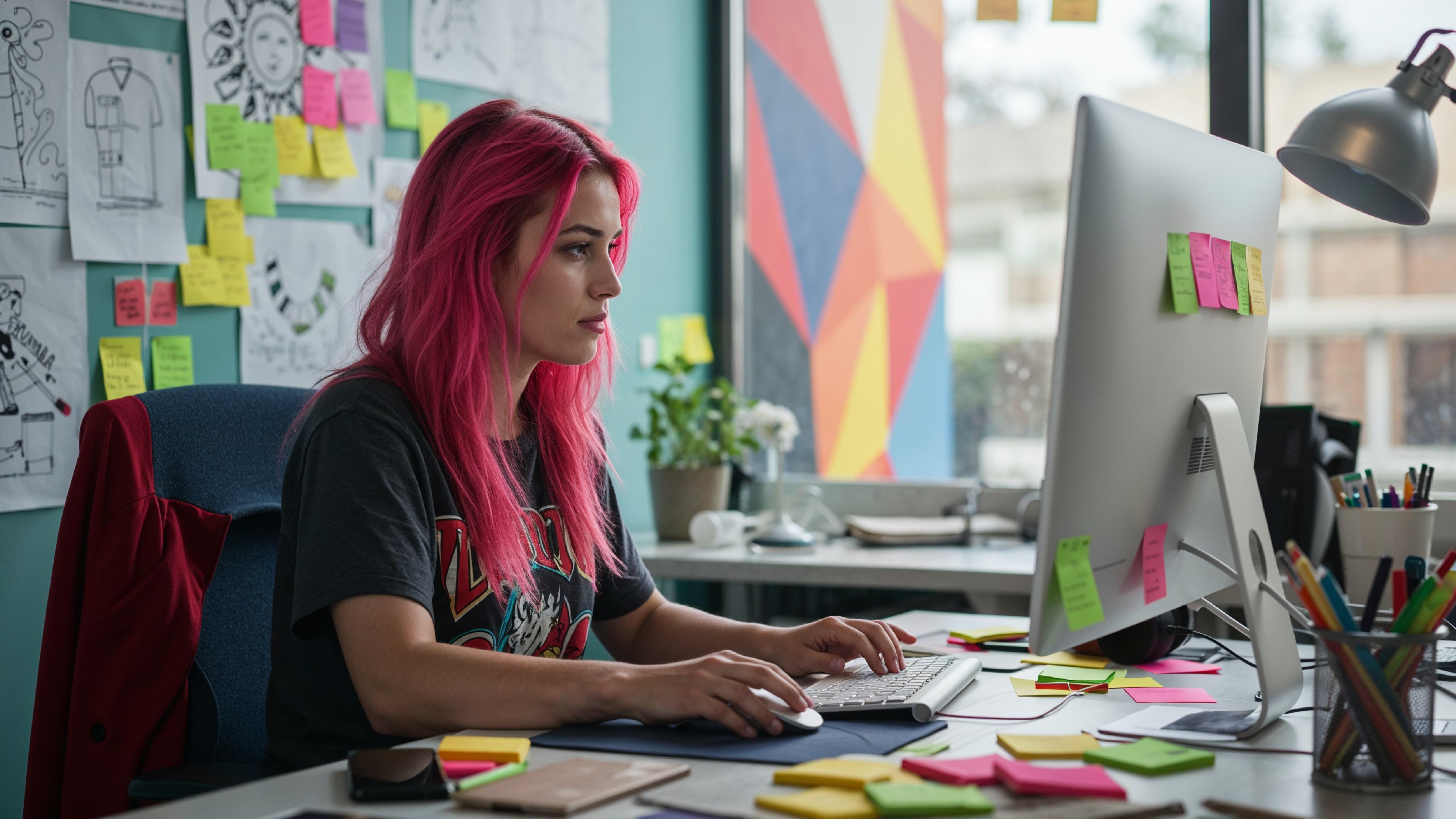 Young Woman Working on Laptop at Modern Home Office Workspace