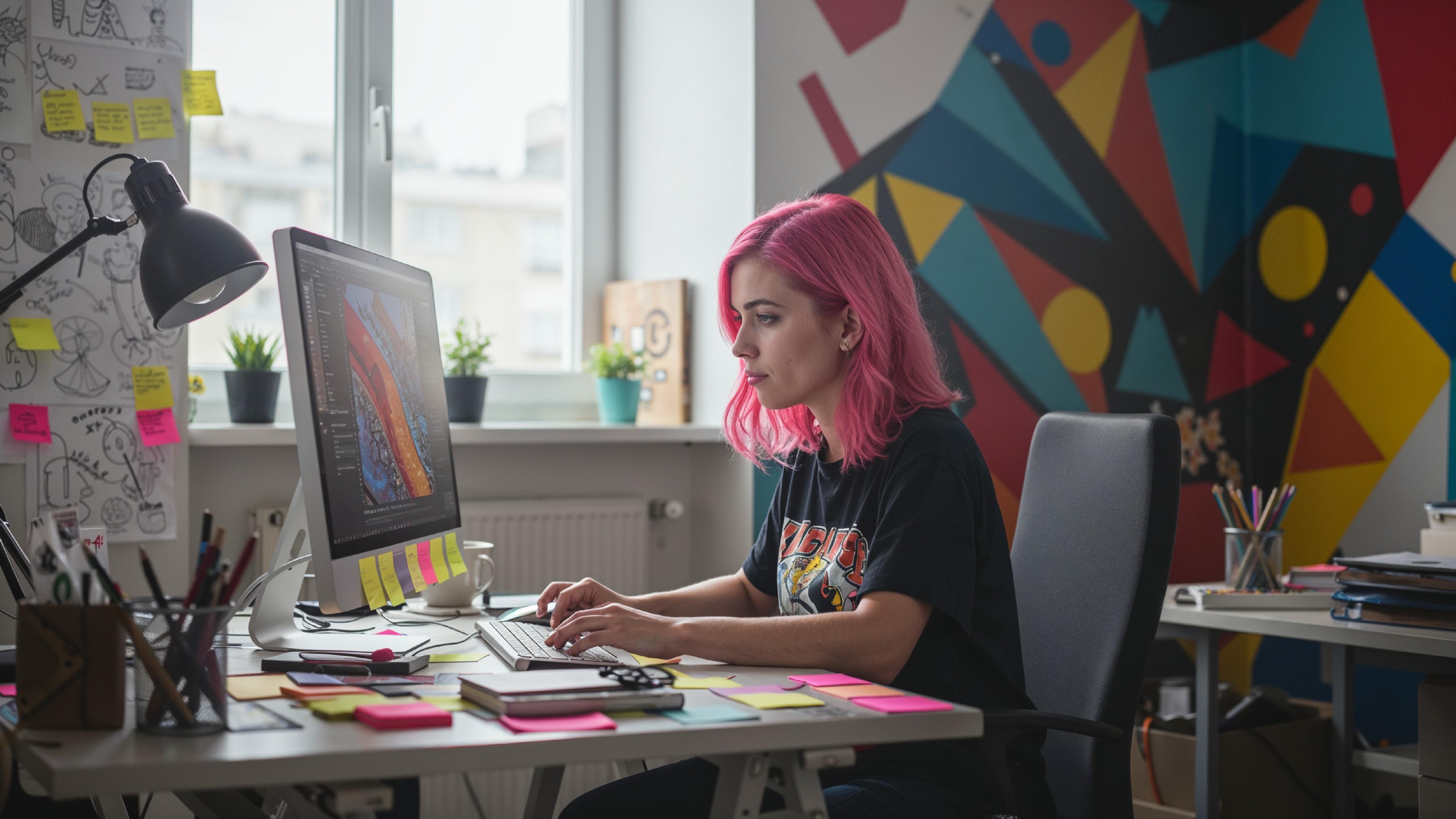 Young Woman Working on Laptop at Modern Home Office Workspace