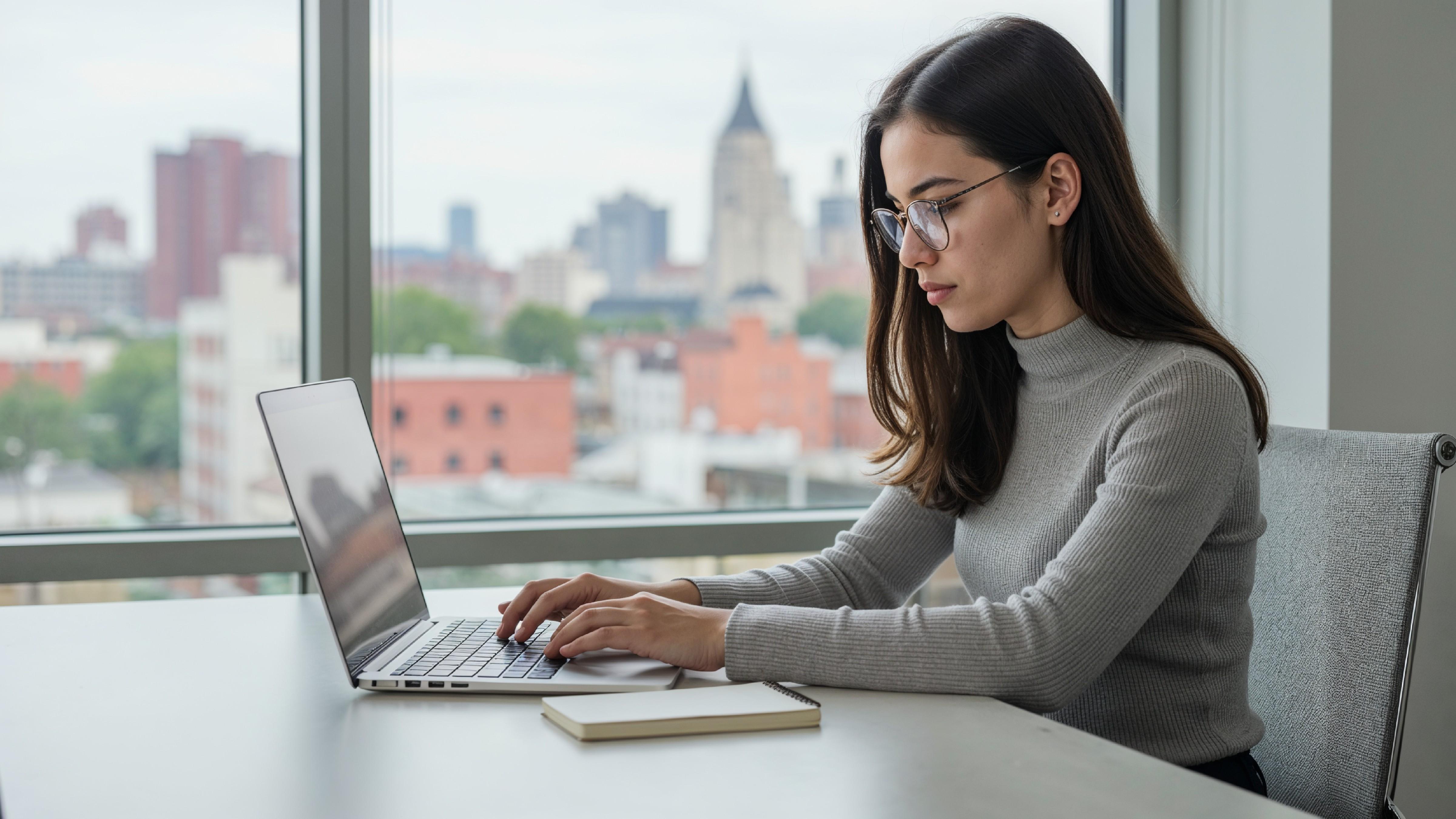 Young Woman Working on Laptop at Modern Home Office Workspace