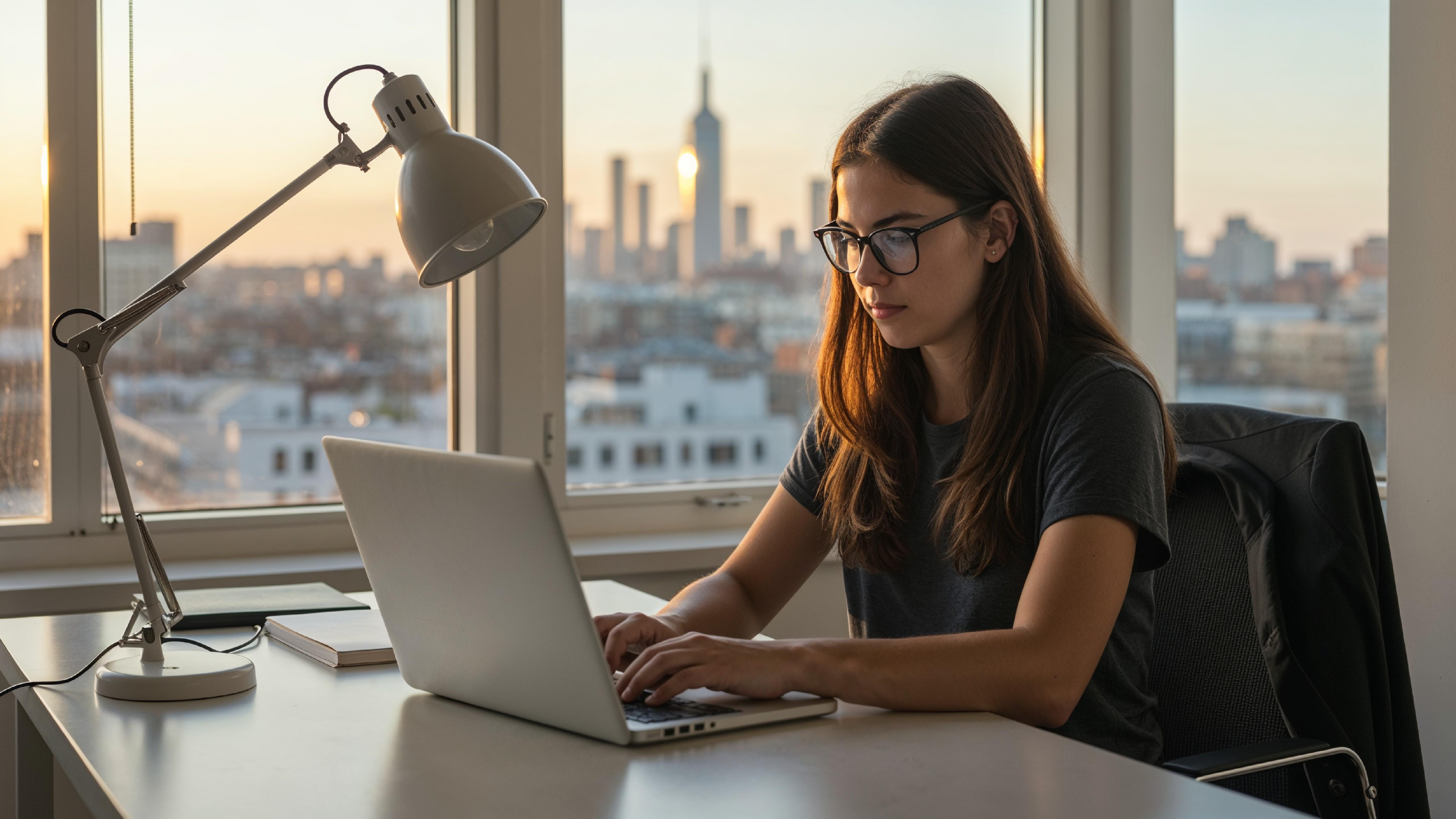 Young Woman Working on Laptop at Modern Home Office Workspace