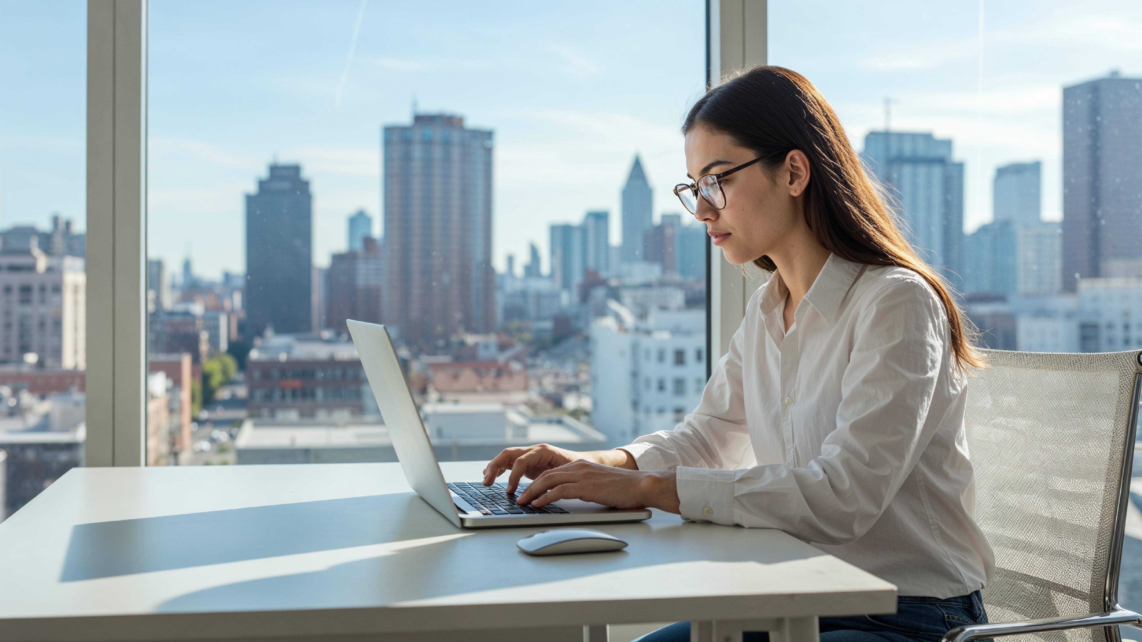 Young Woman Working on Laptop at Modern Home Office Workspace