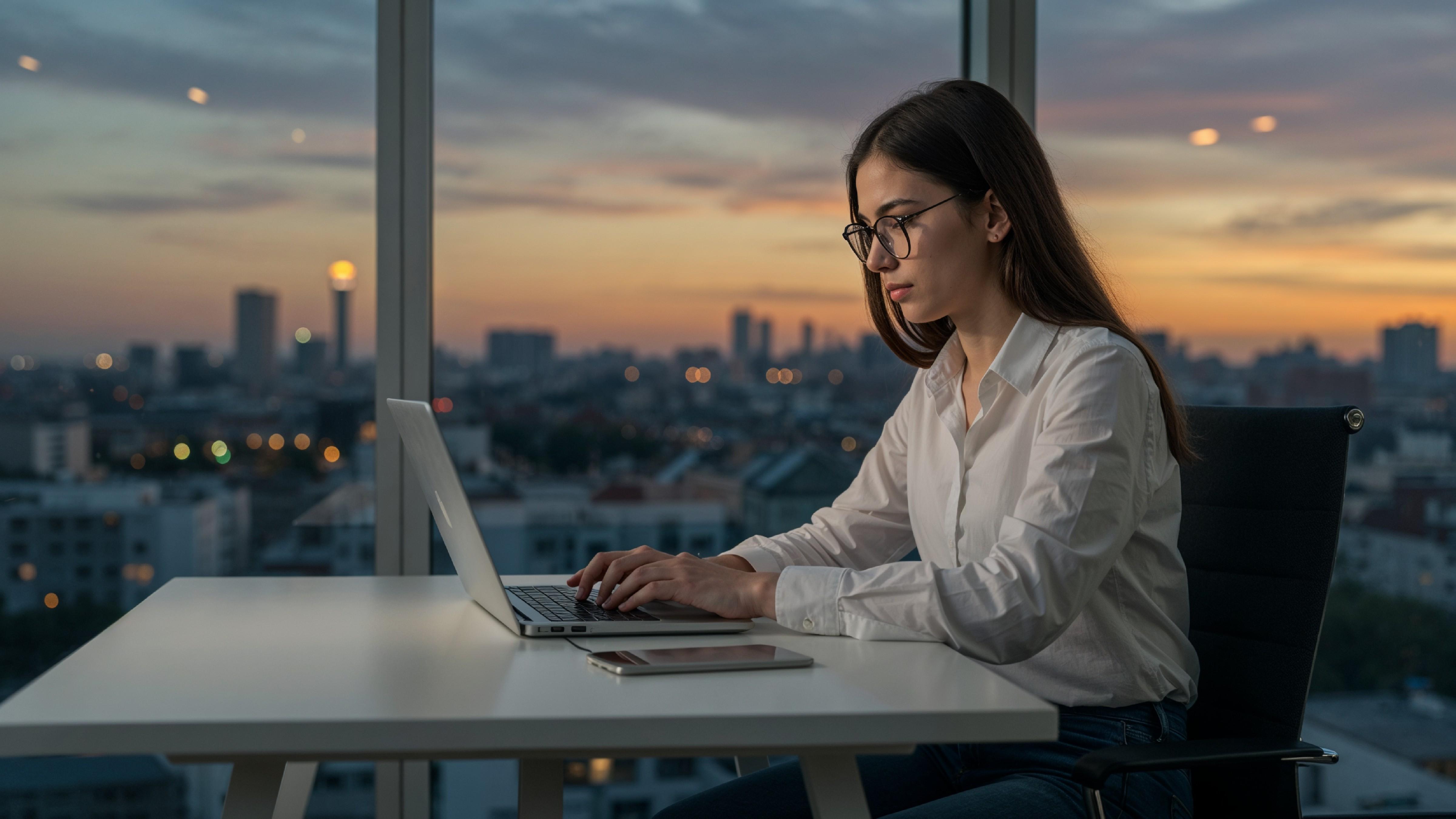 Young Woman Working on Laptop at Modern Home Office Workspace