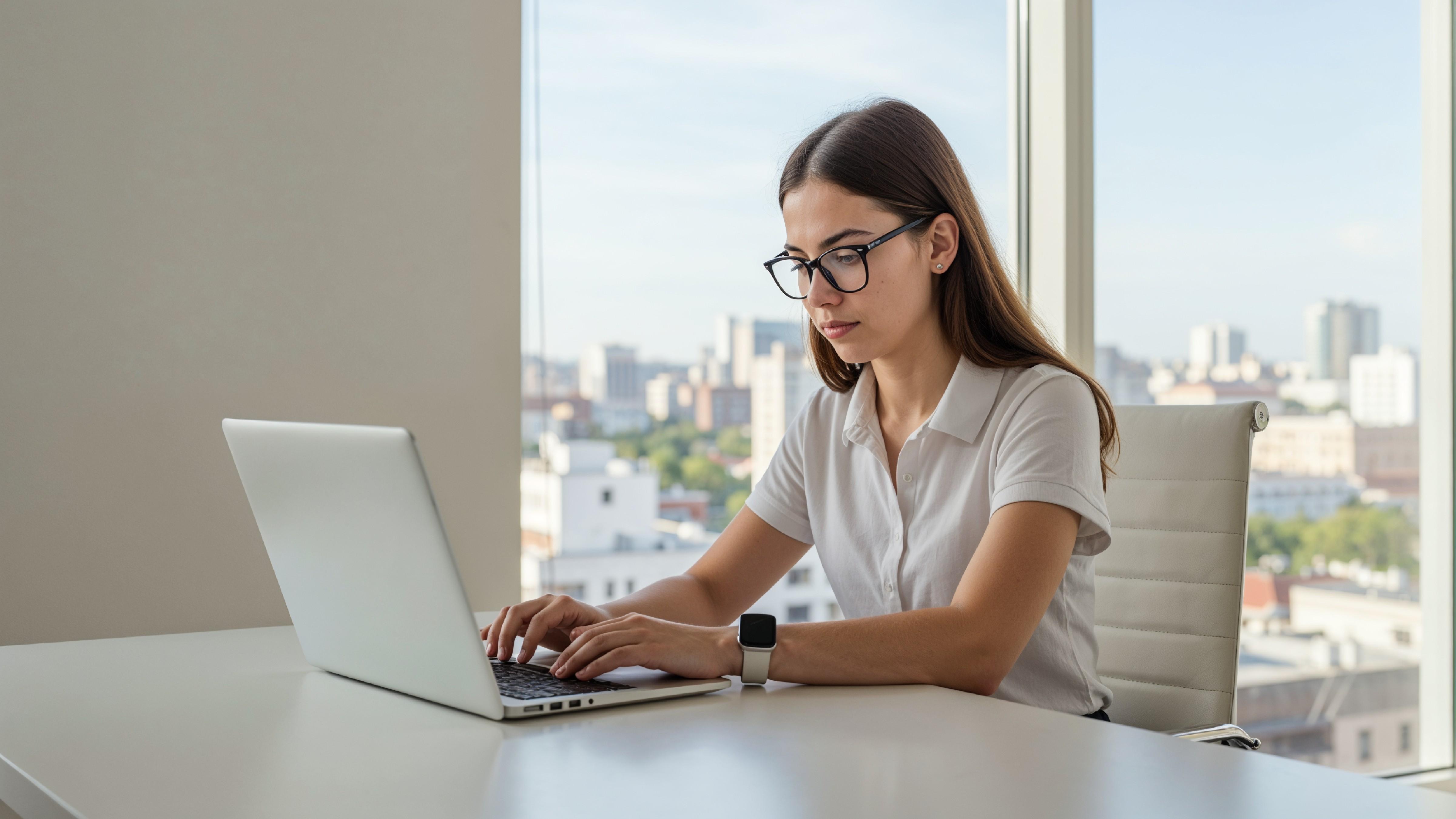 Young Woman Working on Laptop at Modern Home Office Workspace