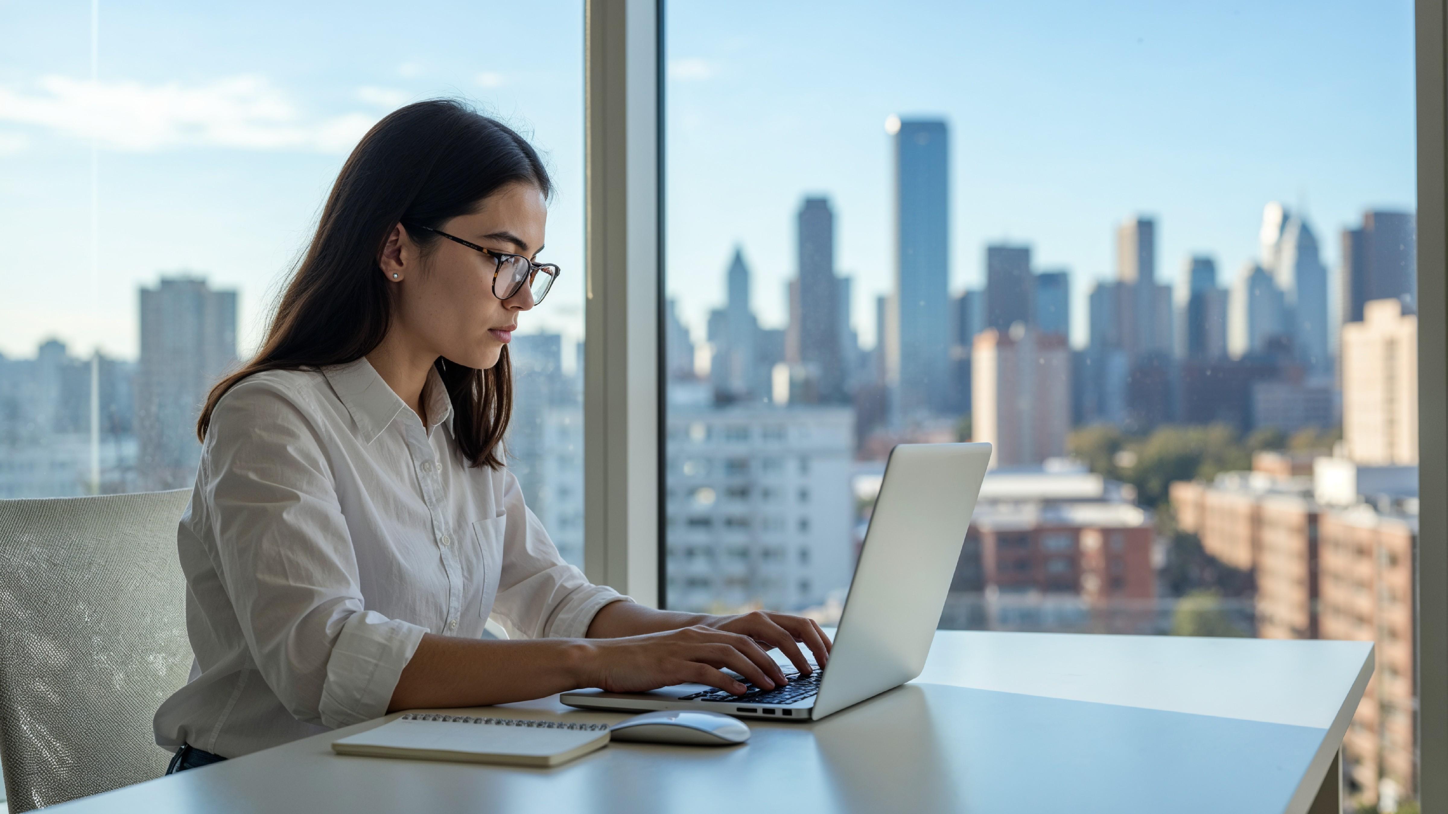 Young Woman Working on Laptop at Modern Home Office Workspace
