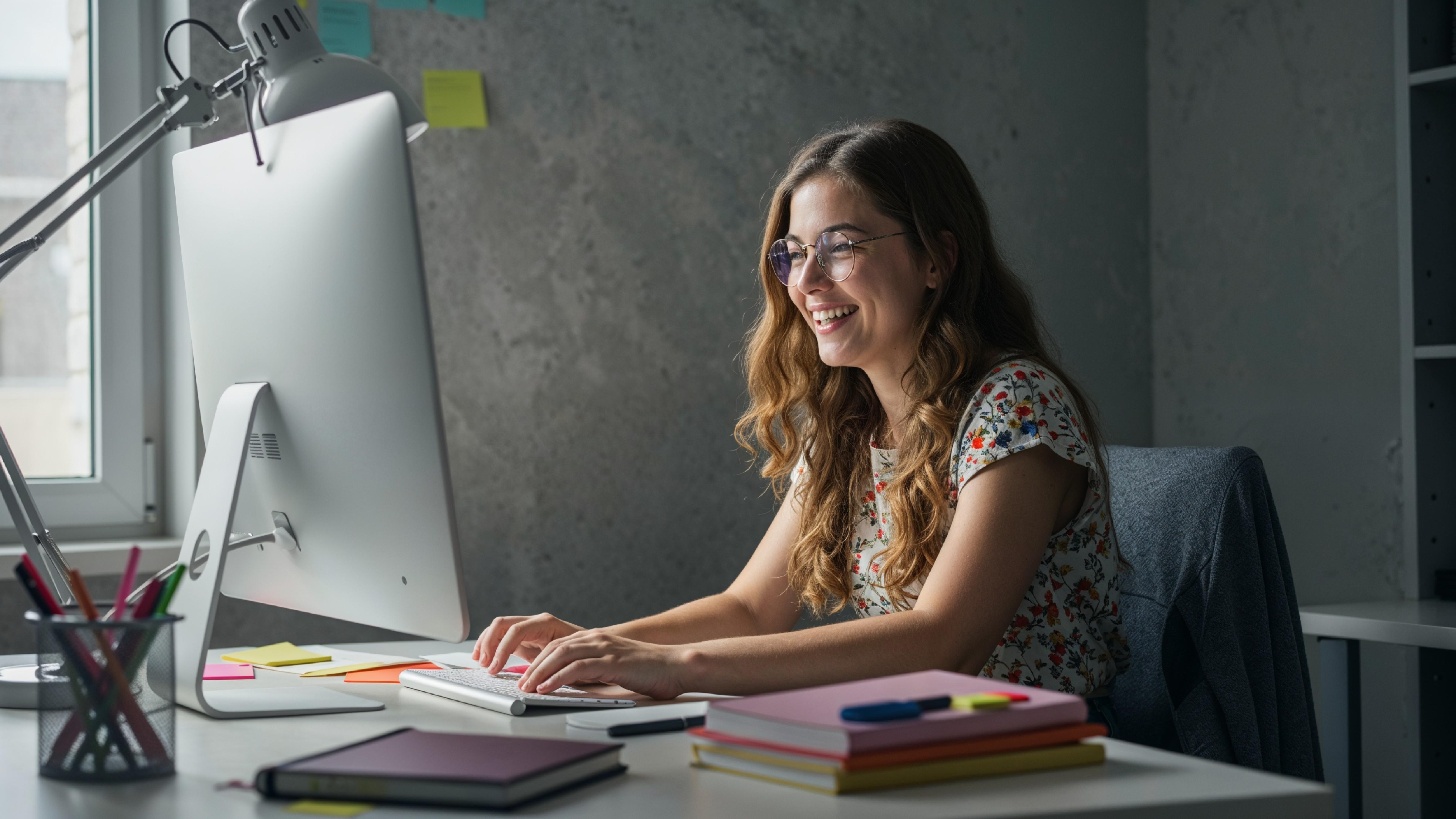 Young Woman Working on Laptop at Modern Home Office Workspace