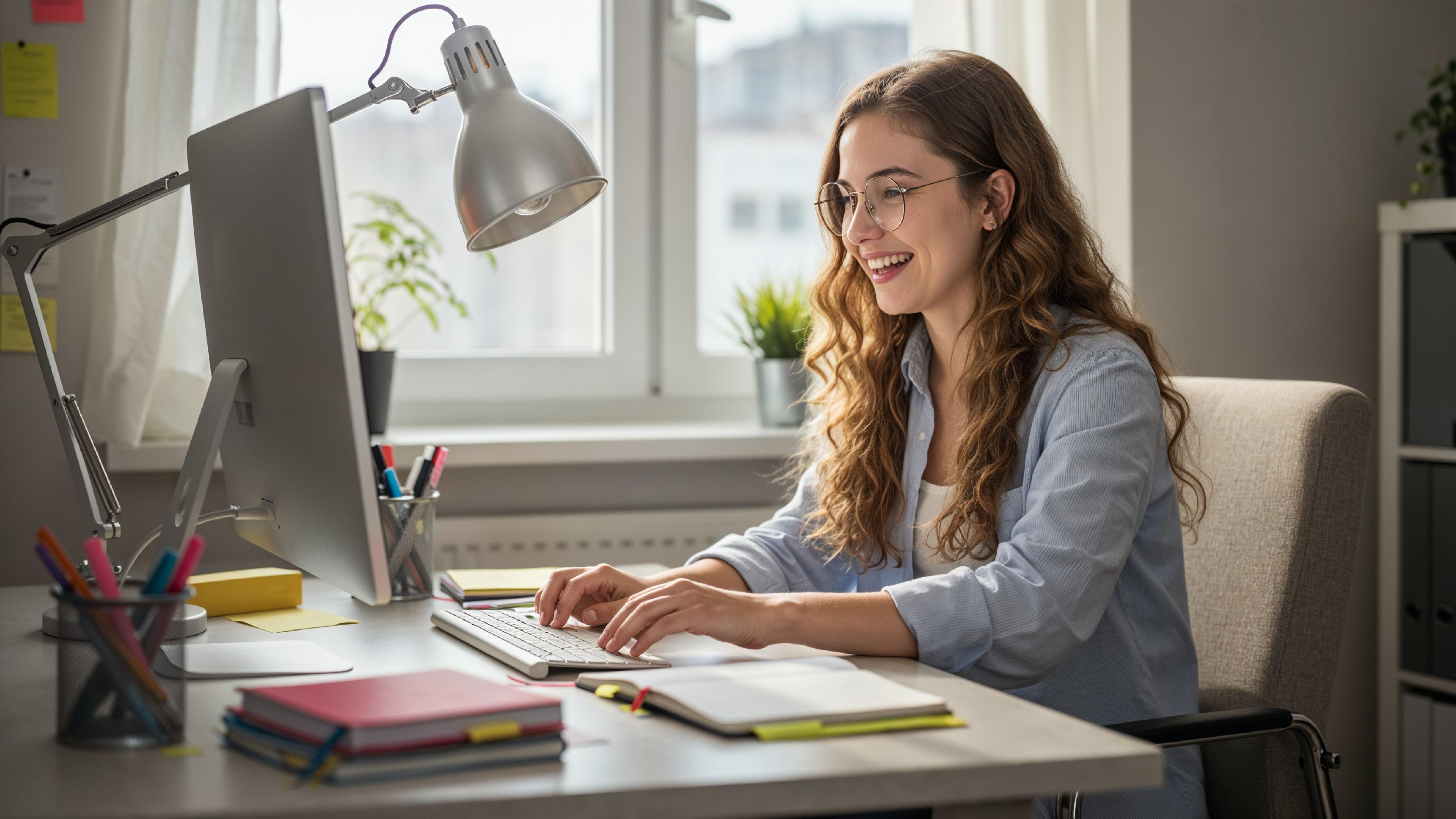 Young Woman Working on Laptop at Modern Home Office Workspace
