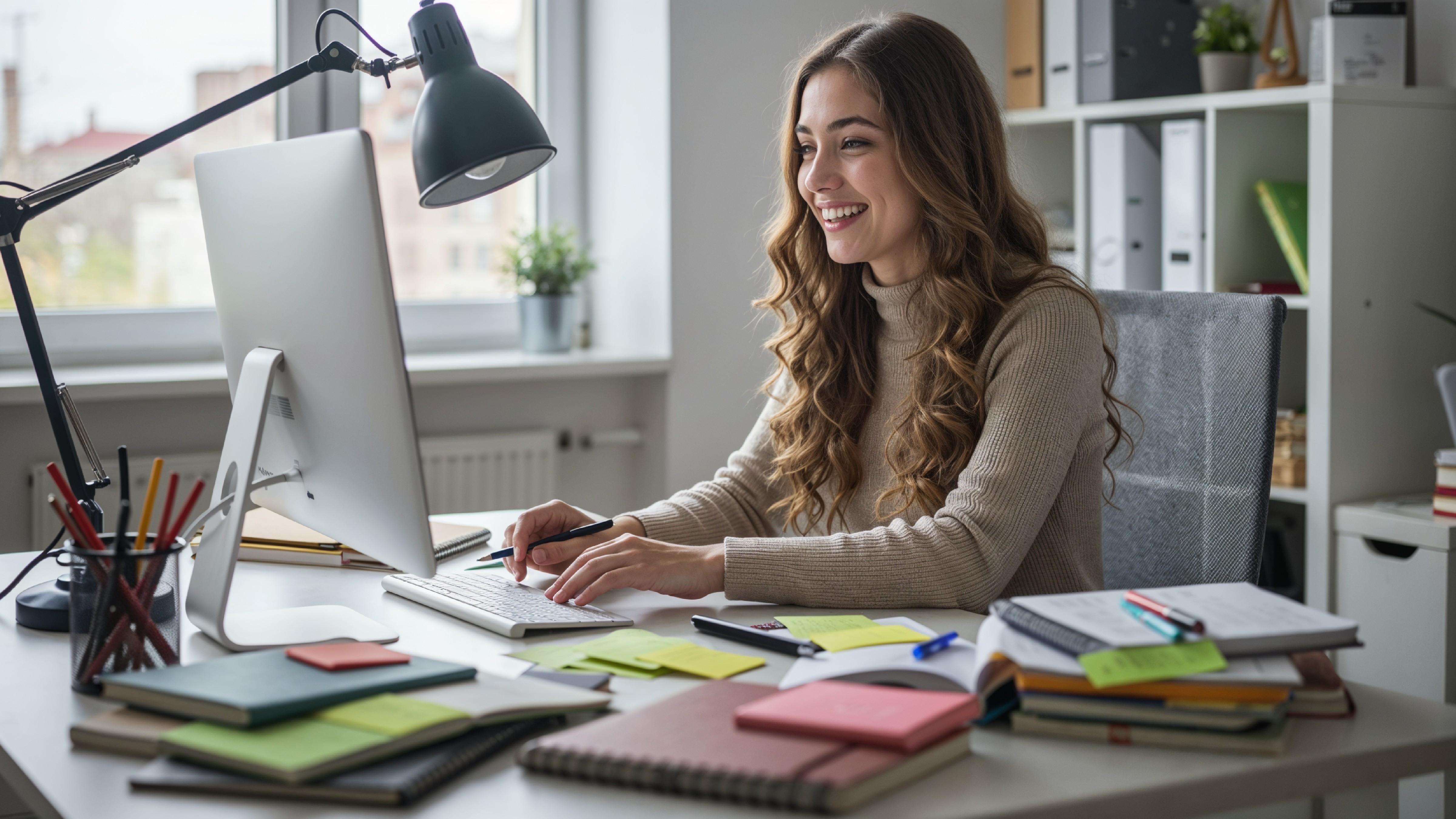 Young Woman Working on Laptop at Modern Home Office Workspace