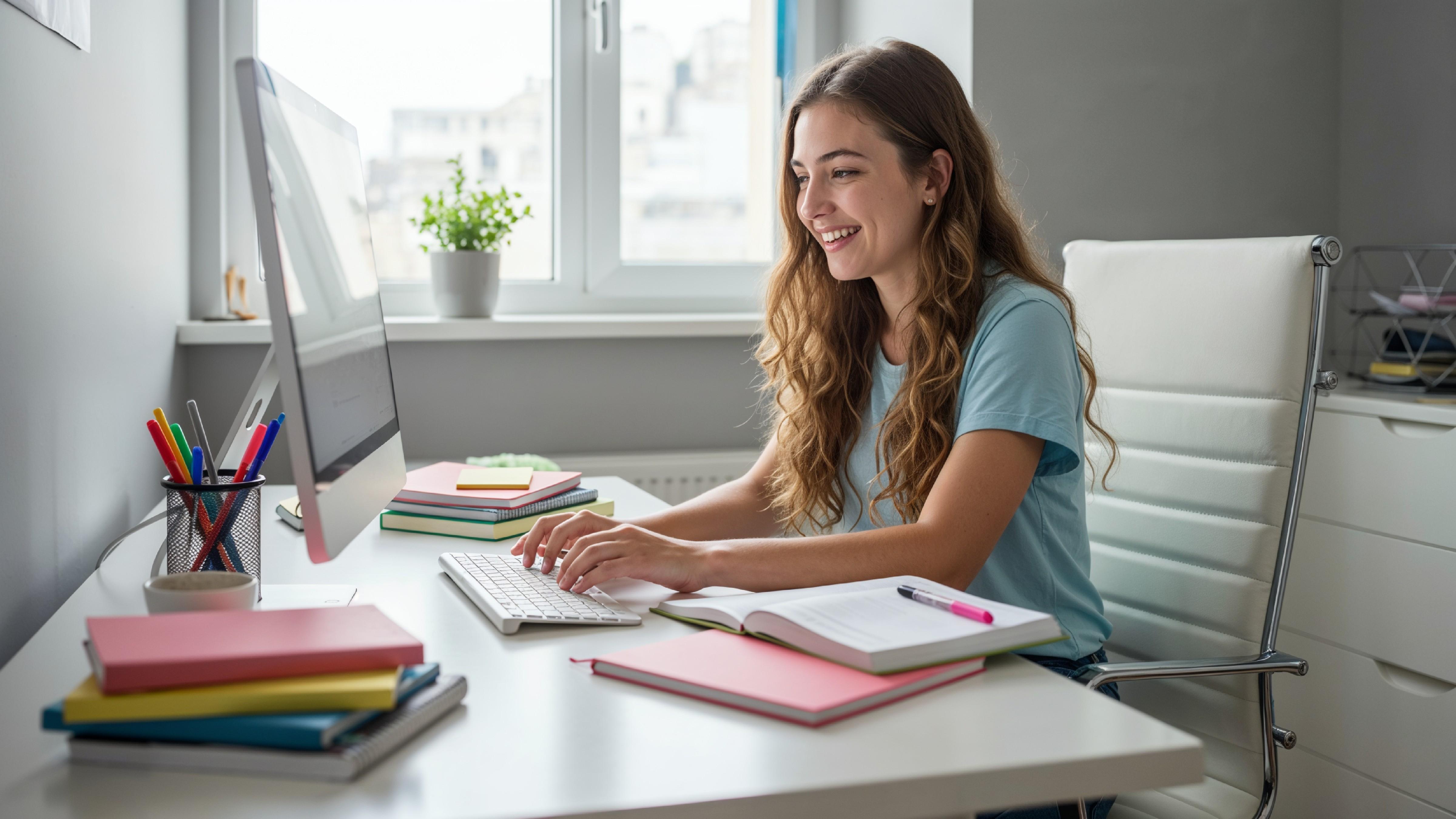 Young Woman Working on Laptop at Modern Home Office Workspace
