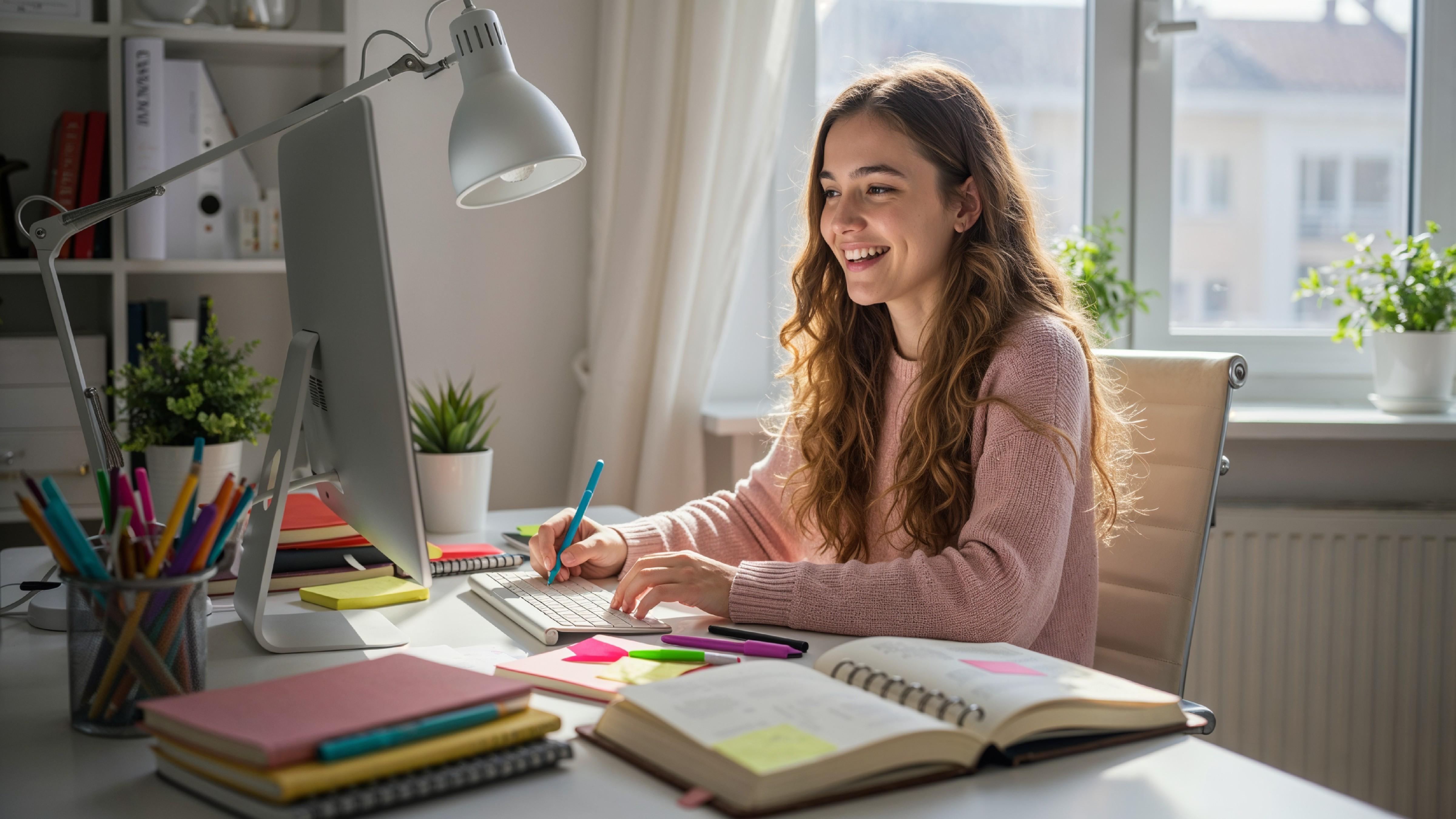 Young Woman Working on Laptop at Modern Home Office Workspace