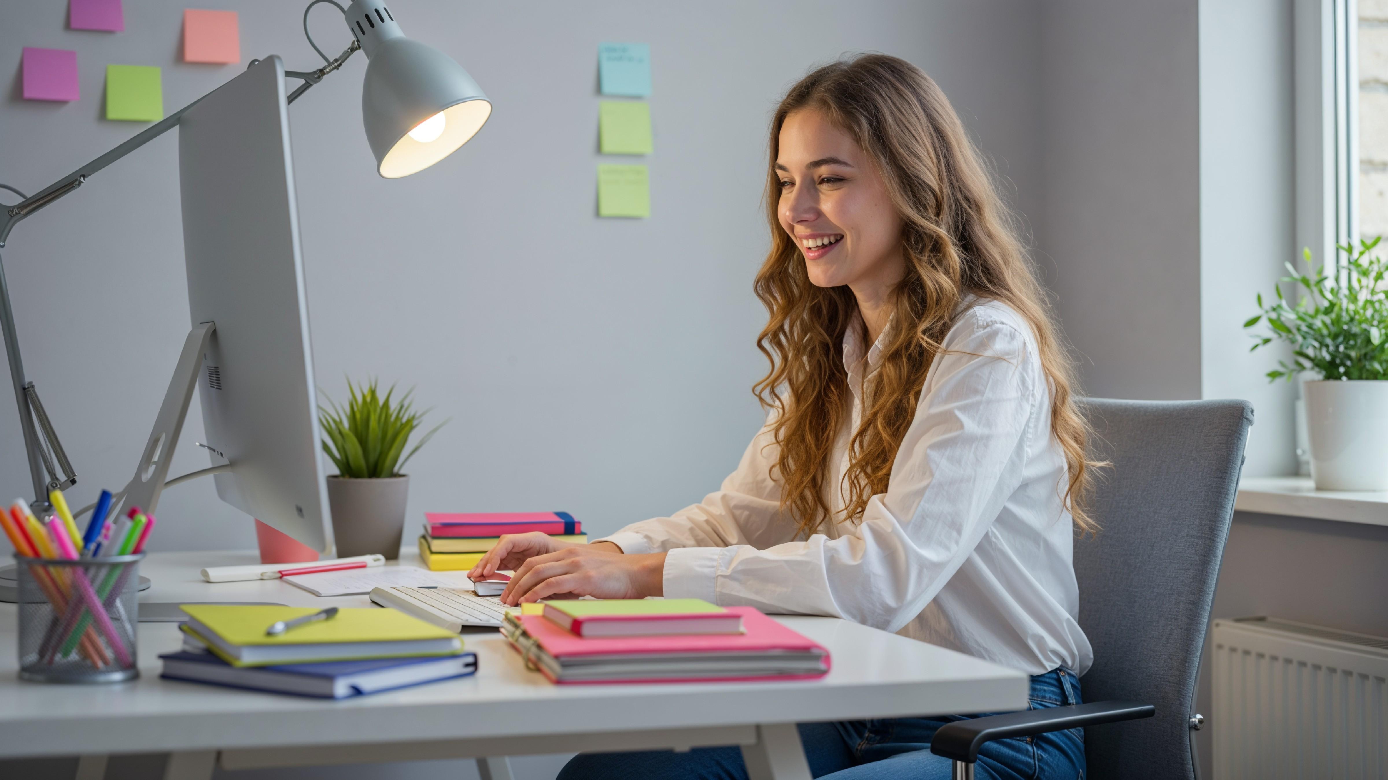 Young Woman Working on Laptop at Modern Home Office Workspace