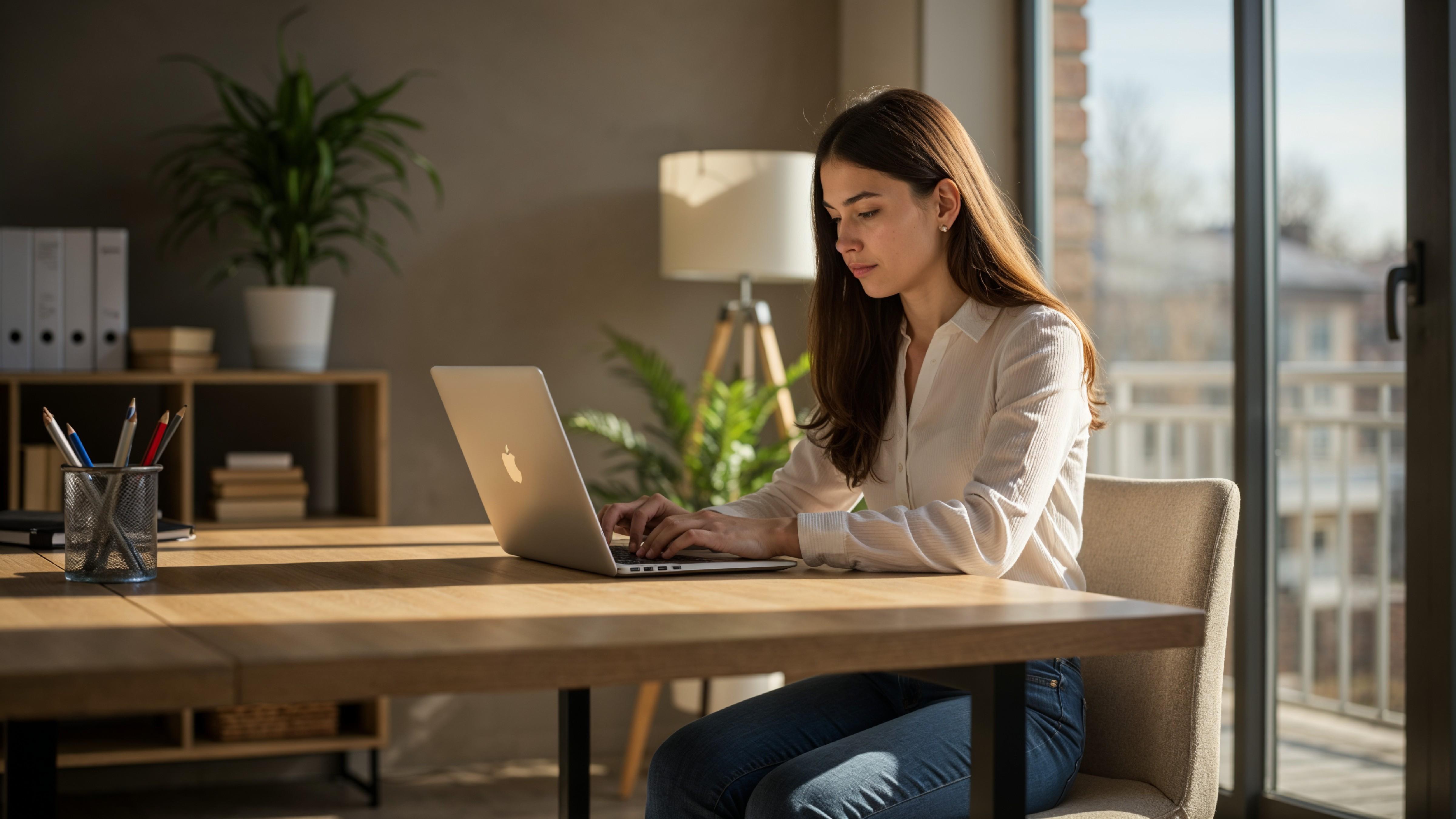 Young Woman Working on Laptop at Modern Home Office Workspace
