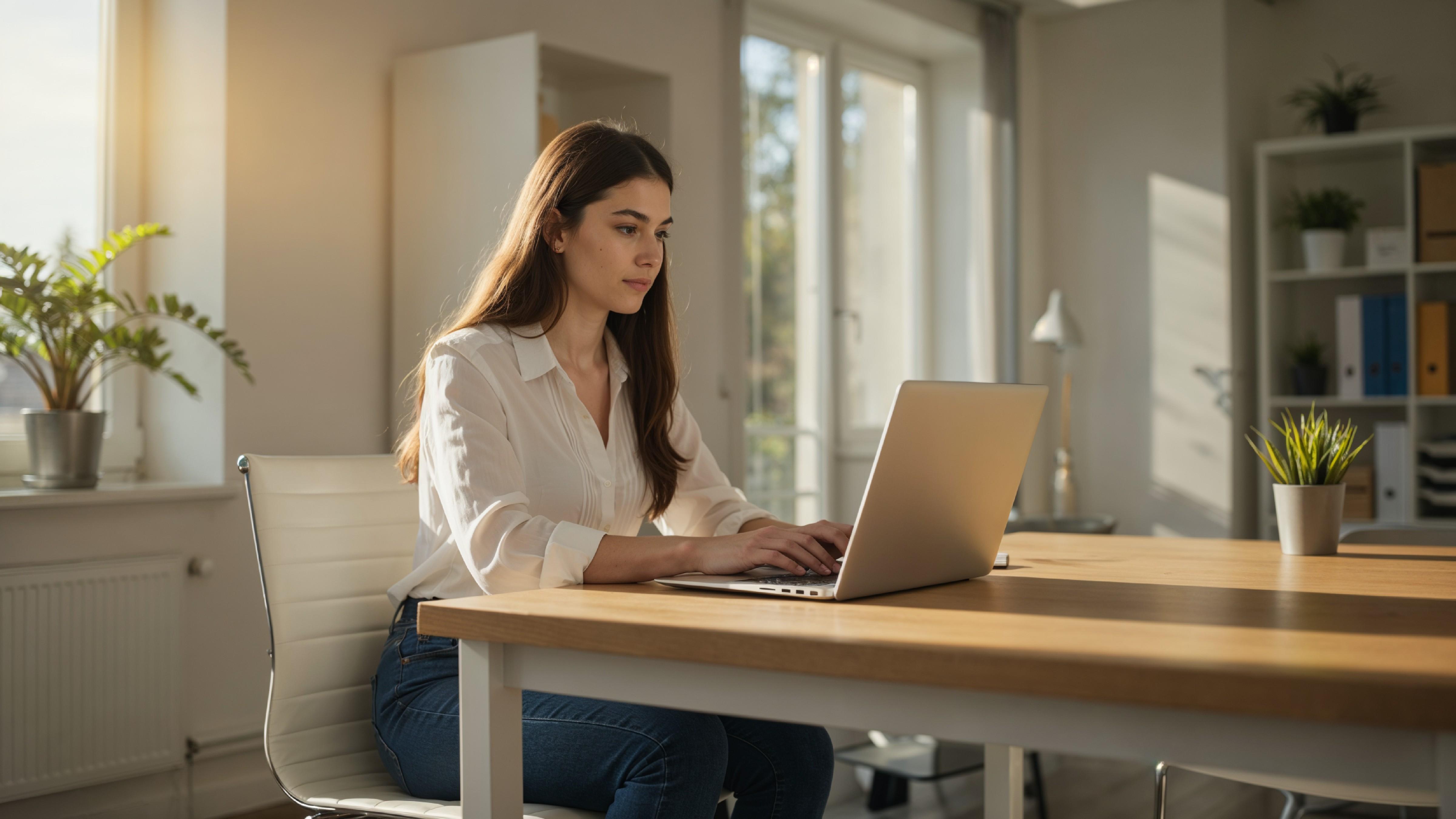 Young Woman Working on Laptop at Modern Home Office Workspace