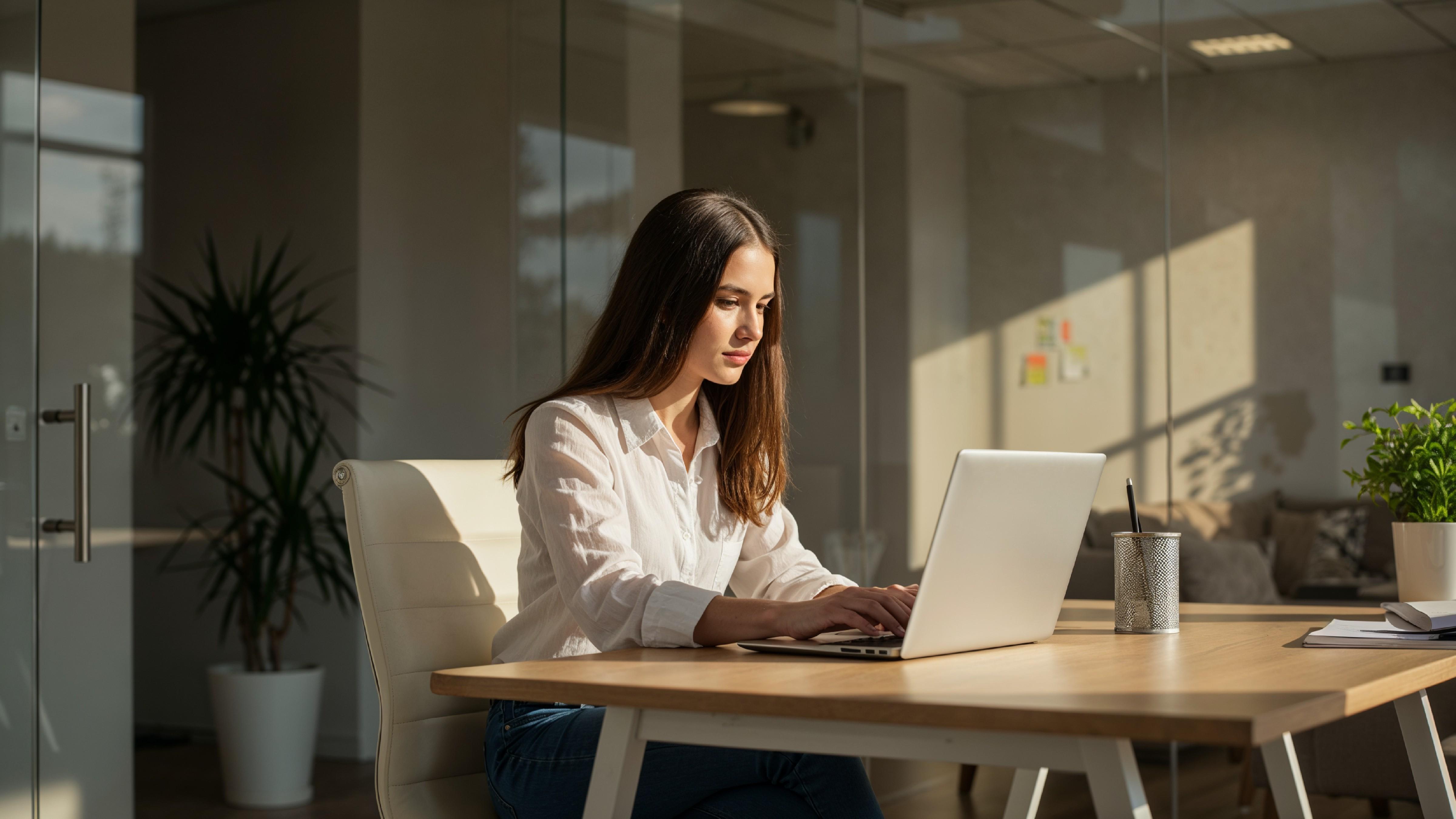 Young Woman Working on Laptop at Modern Home Office Workspace