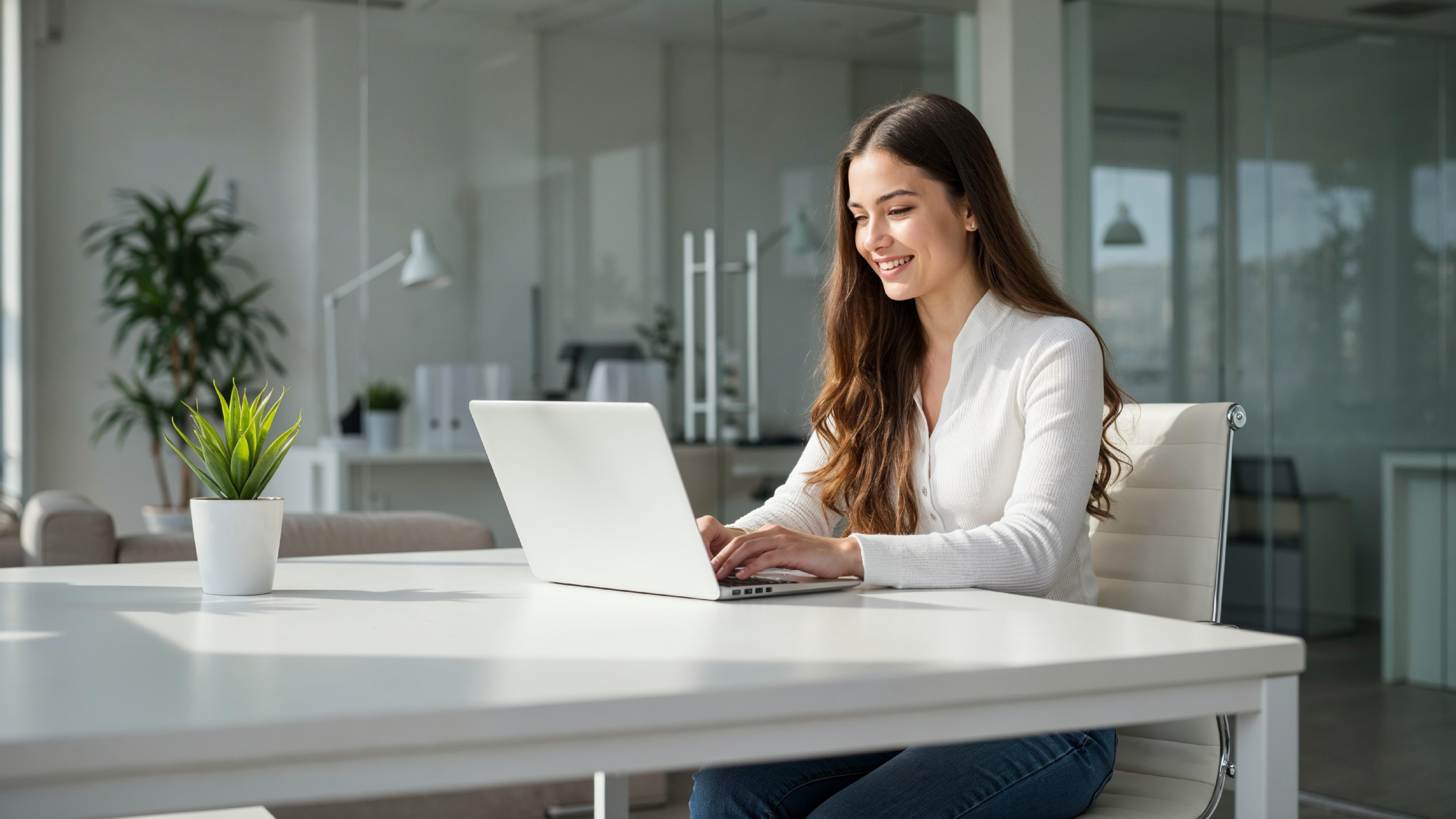Young Woman Working on Laptop at Modern Home Office Workspace