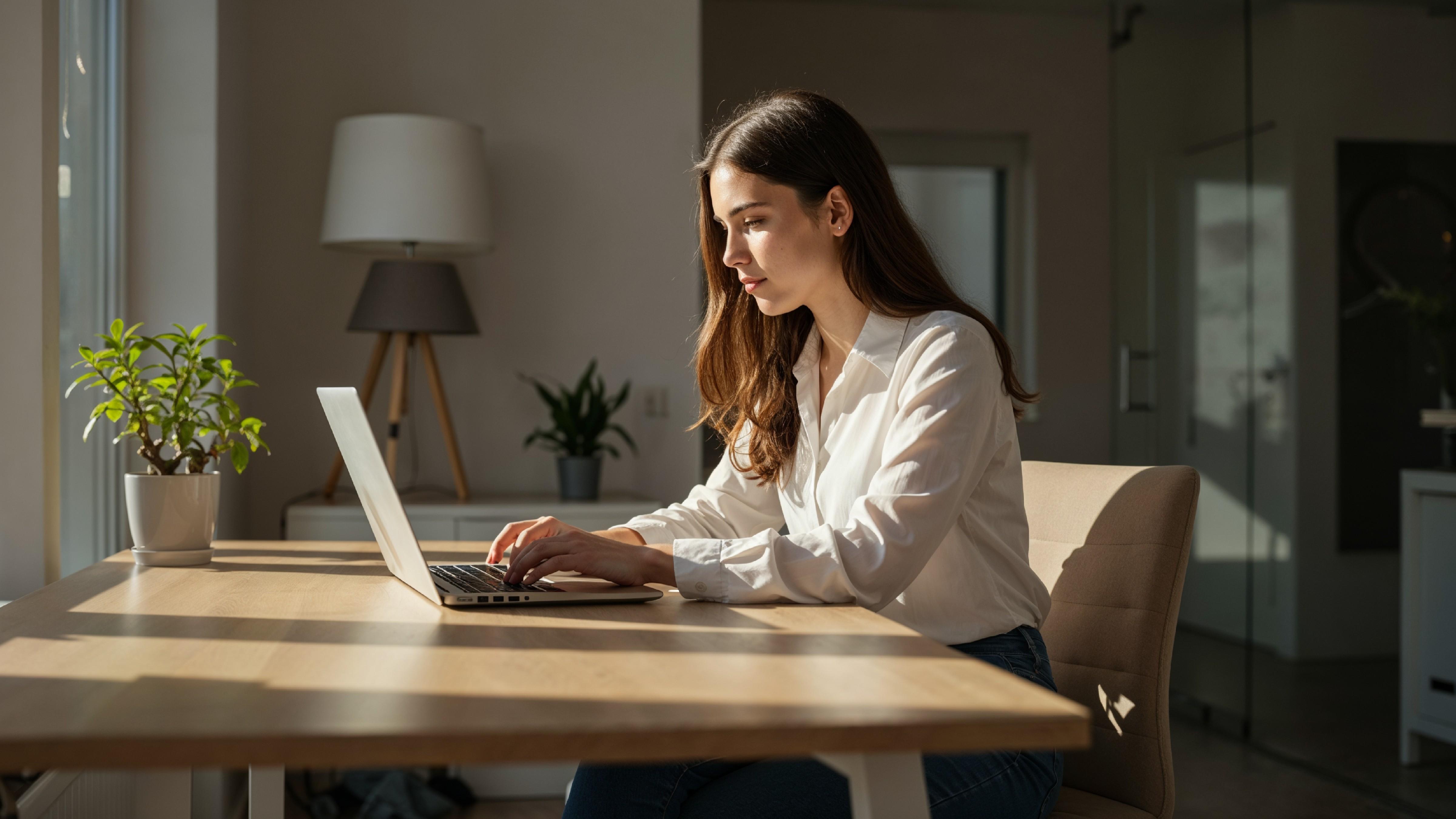 Young Woman Working on Laptop at Modern Home Office Workspace