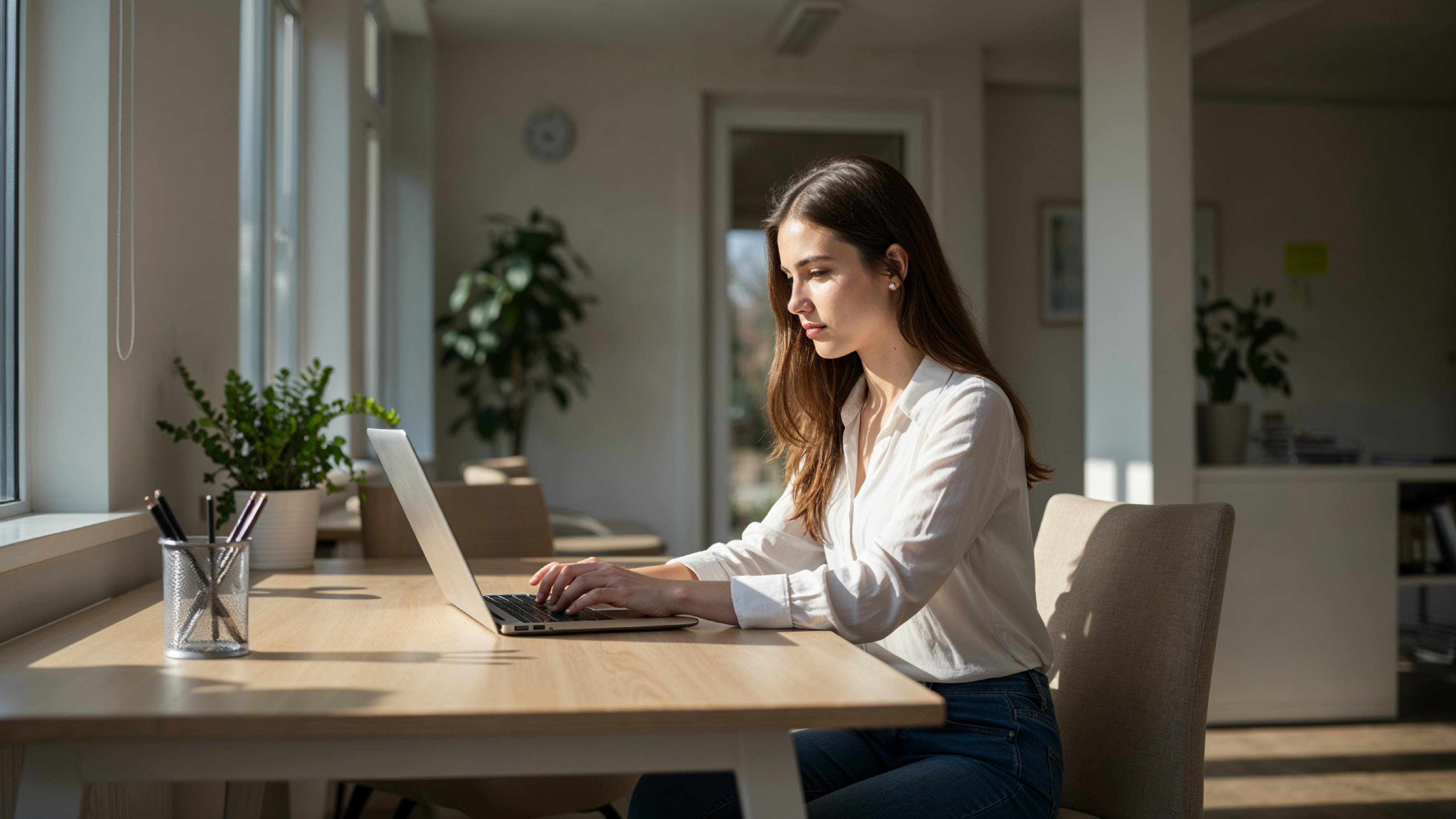 Young Woman Working on Laptop at Modern Home Office Workspace
