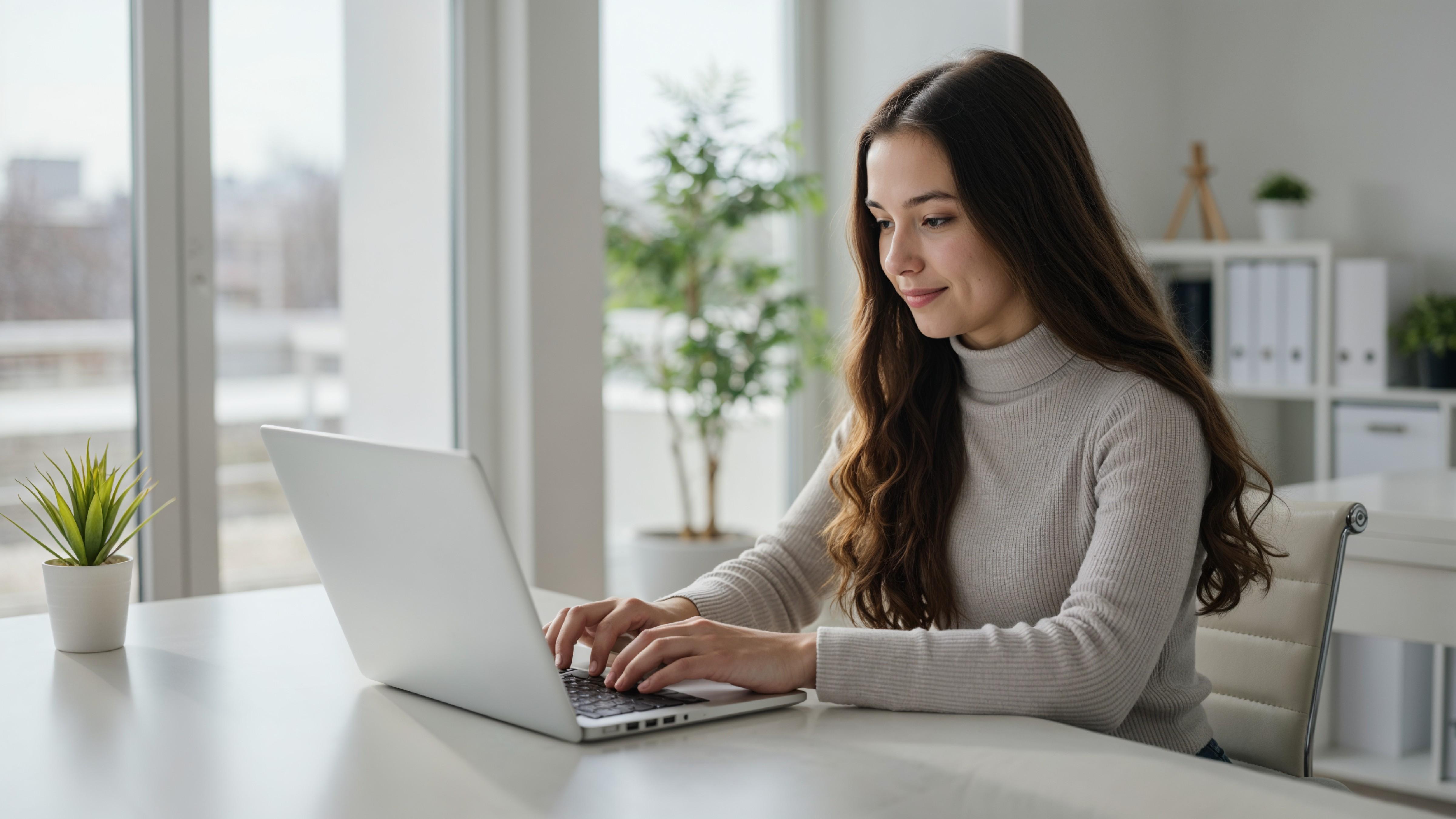 Young Woman Working on Laptop at Modern Home Office Workspace