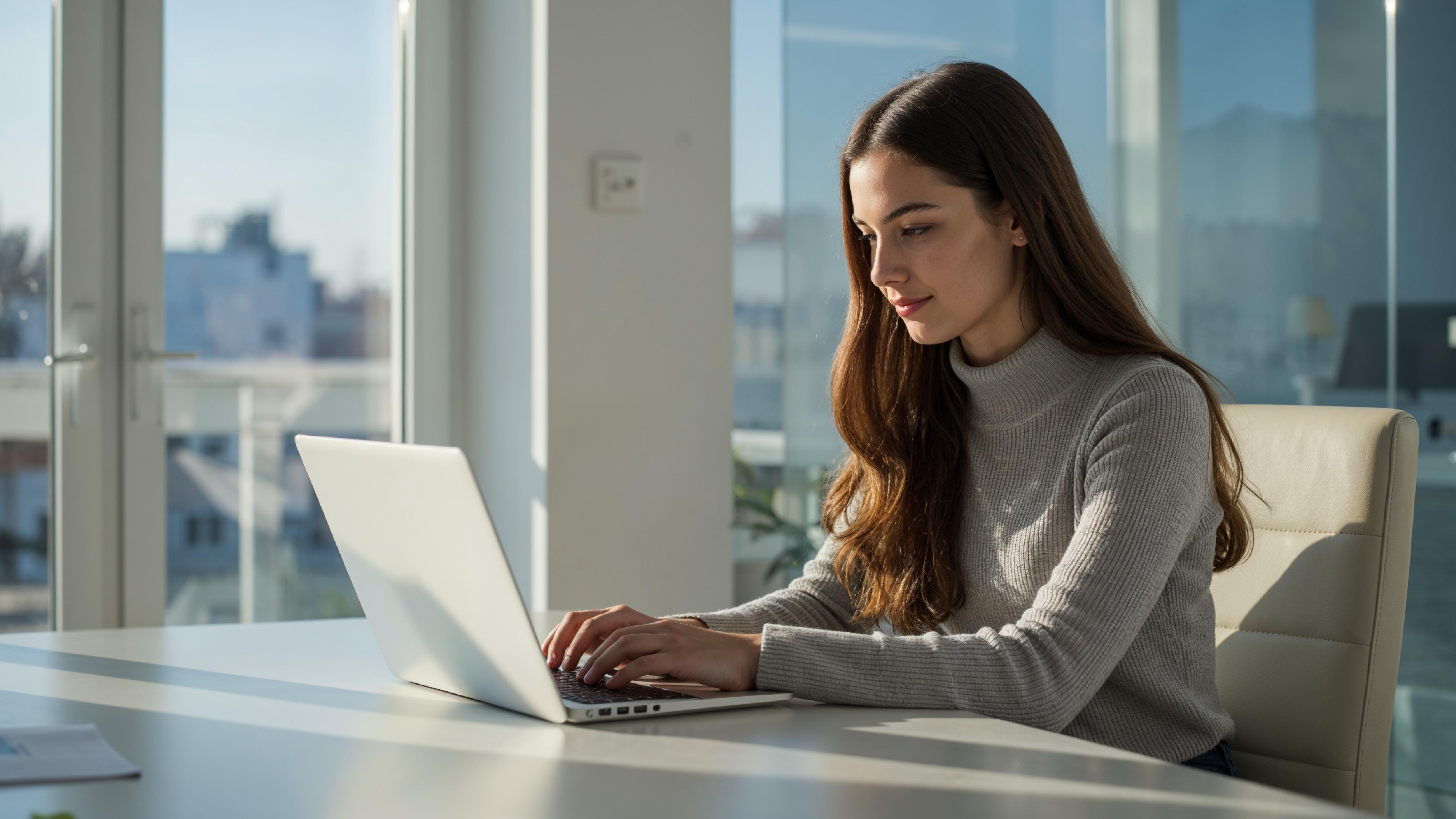Young Woman Working on Laptop at Modern Home Office Workspace