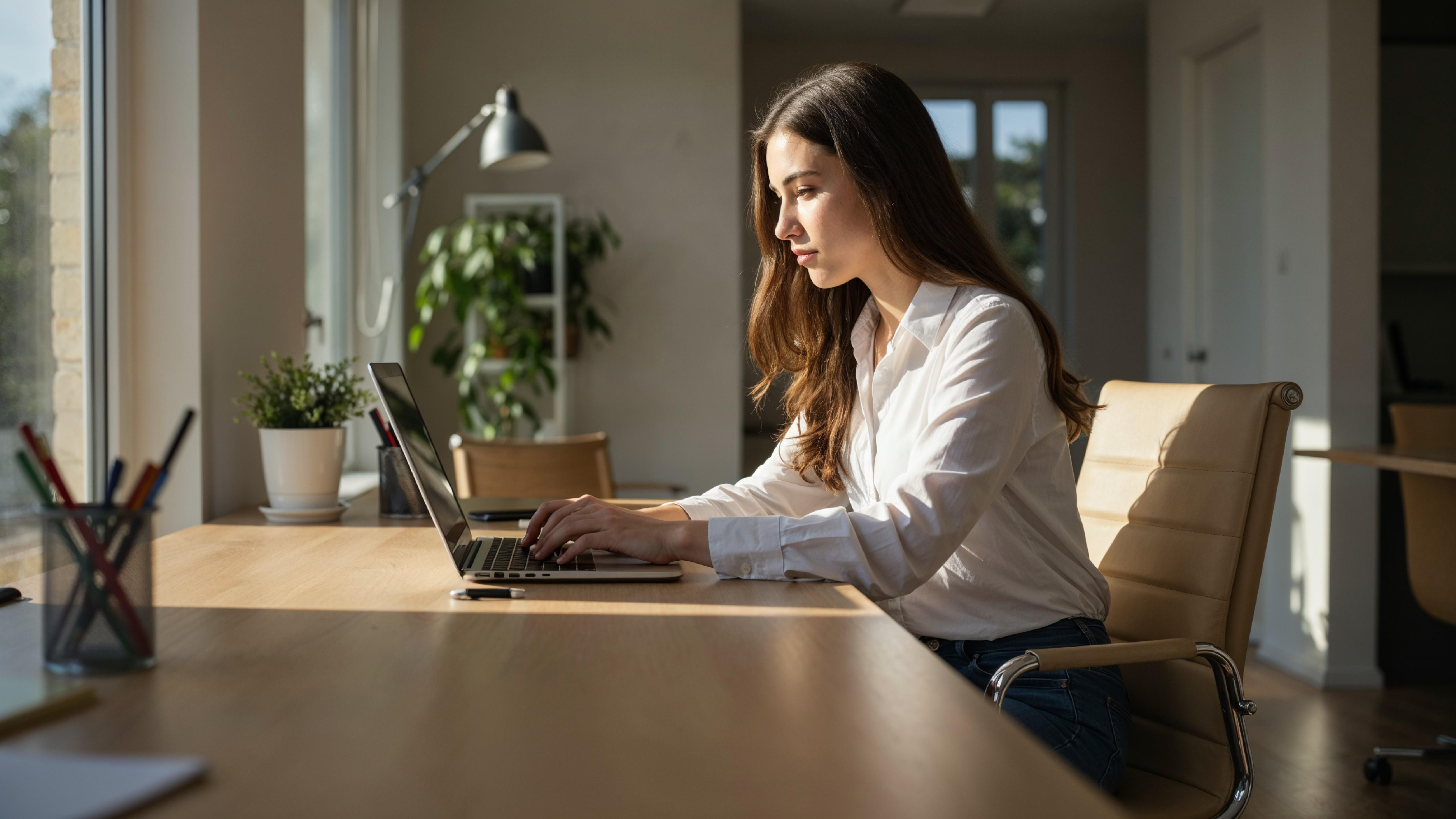Young Woman Working on Laptop at Modern Home Office Workspace