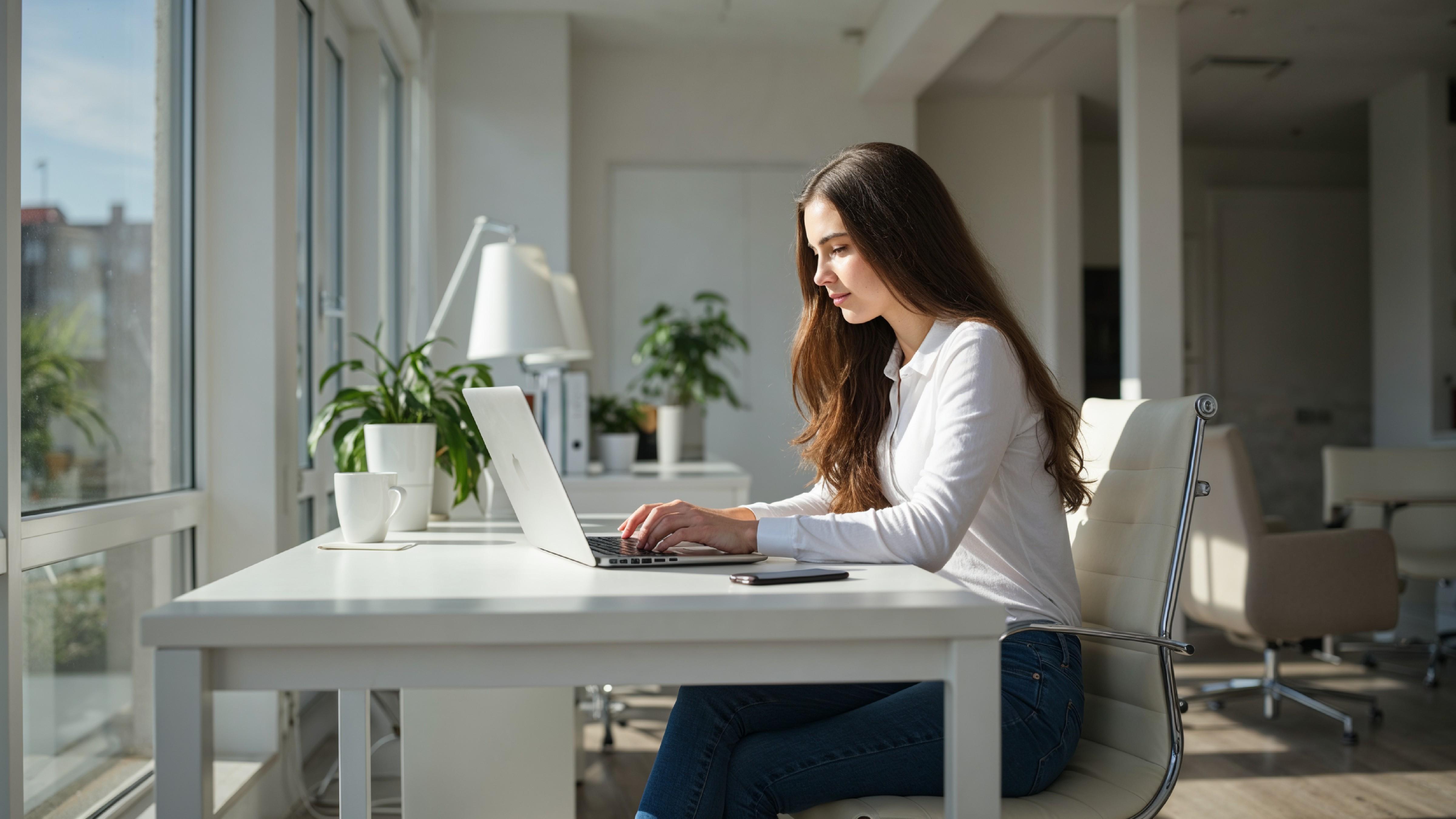 Young Woman Working on Laptop at Modern Home Office Workspace
