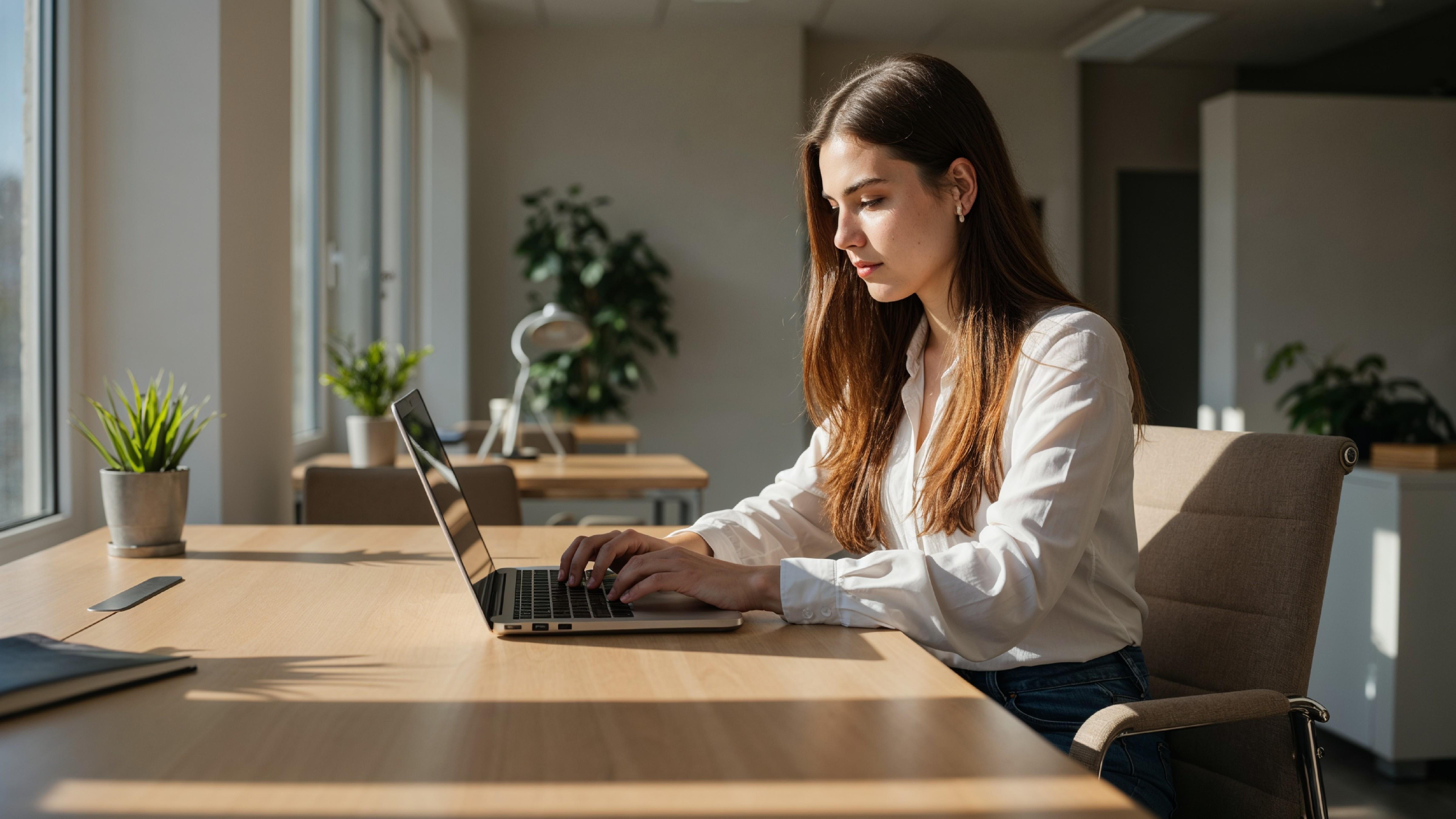 Young Woman Working on Laptop at Modern Home Office Workspace