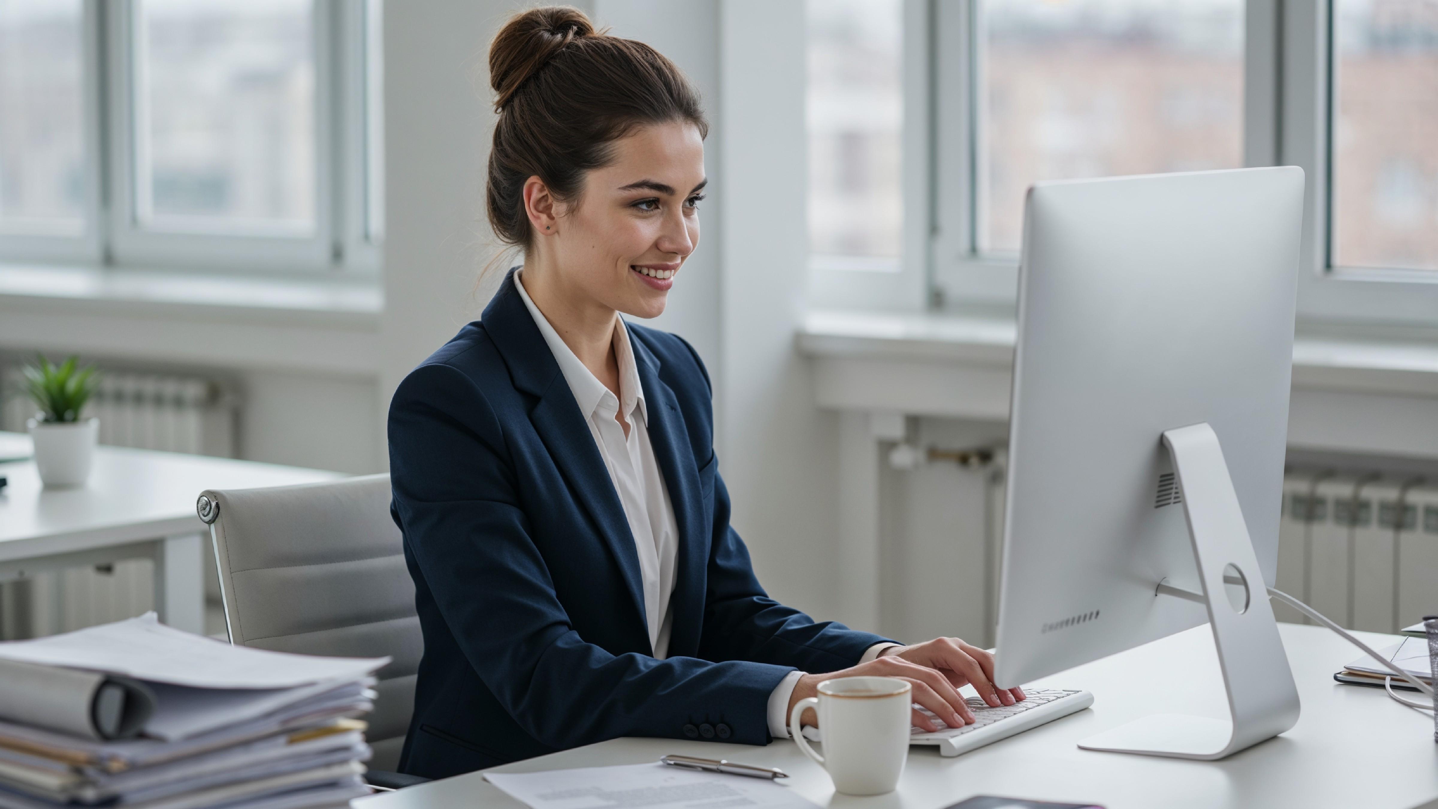 Young Woman Working on Laptop at Modern Home Office Workspace