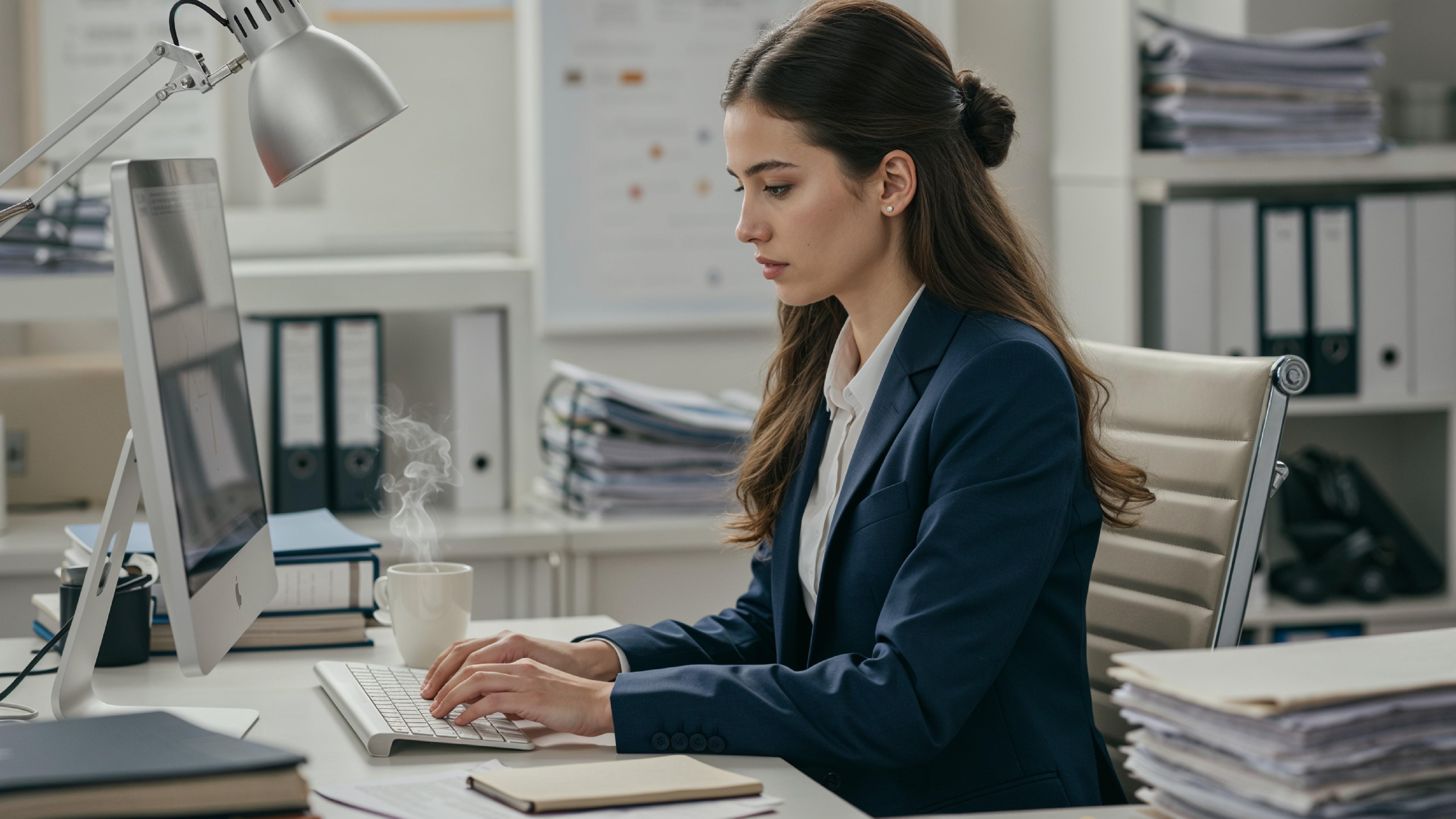 Young Woman Working on Laptop at Modern Home Office Workspace