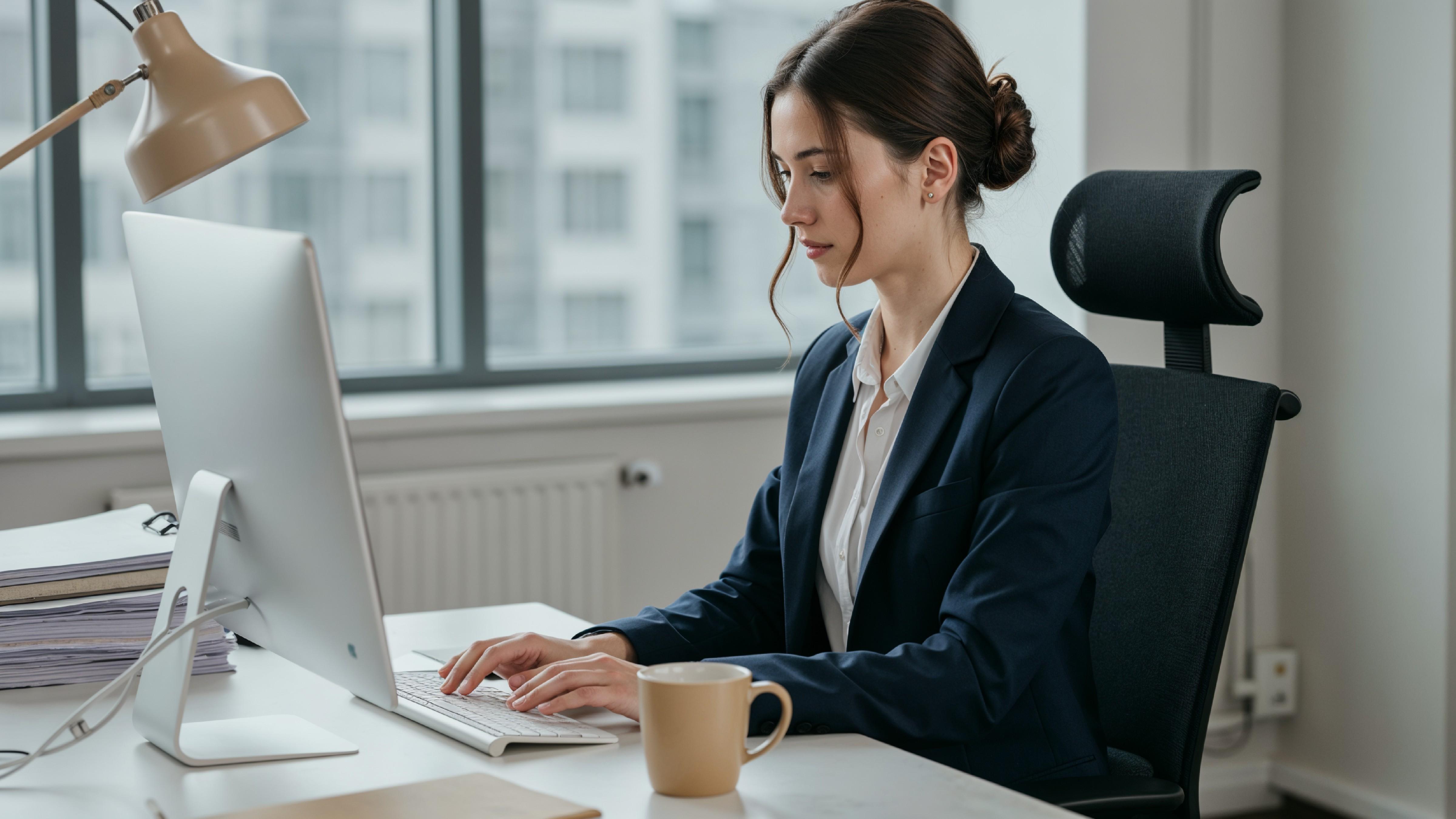 Young Woman Working on Laptop at Modern Home Office Workspace