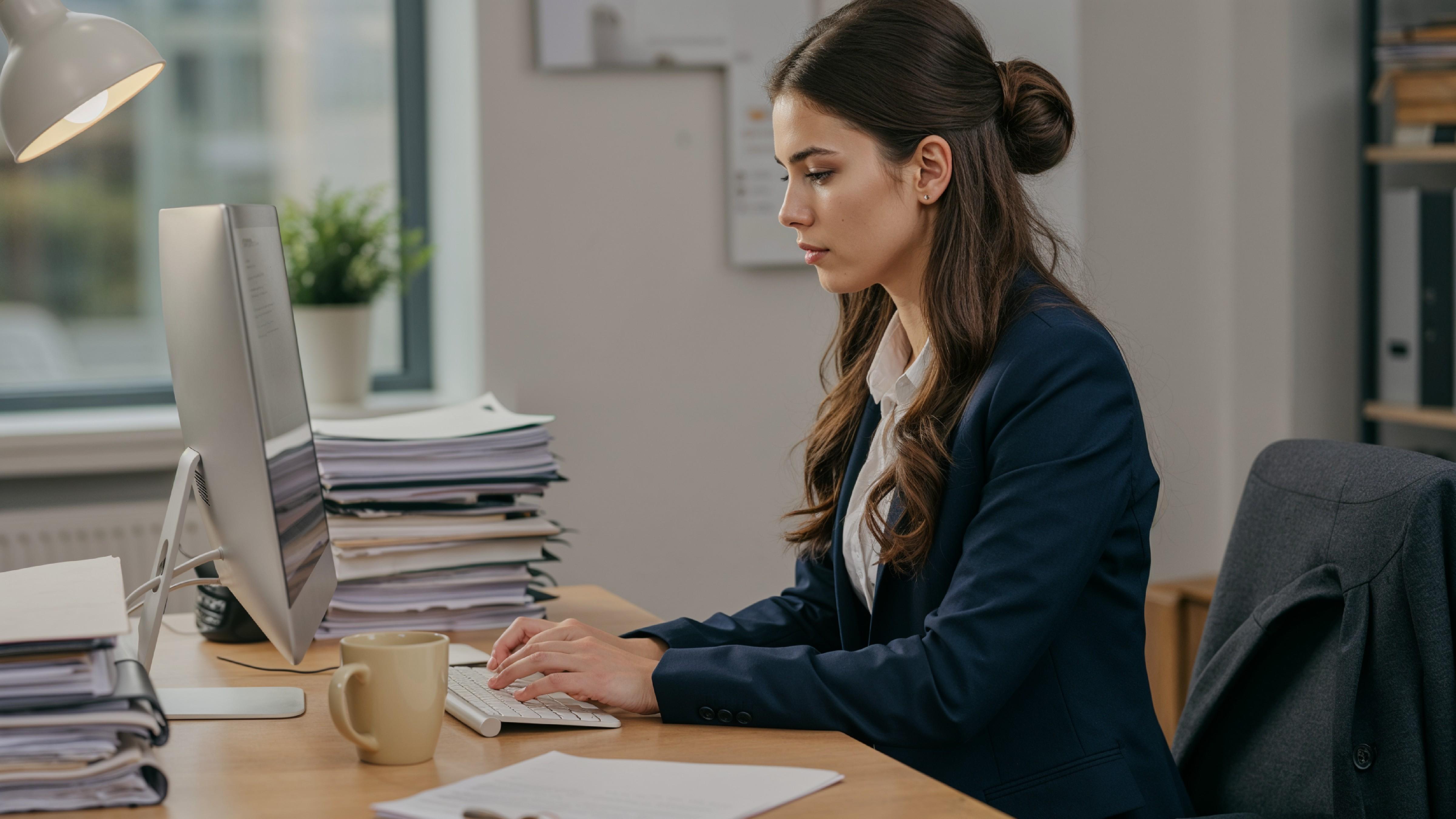 Young Woman Working on Laptop at Modern Home Office Workspace
