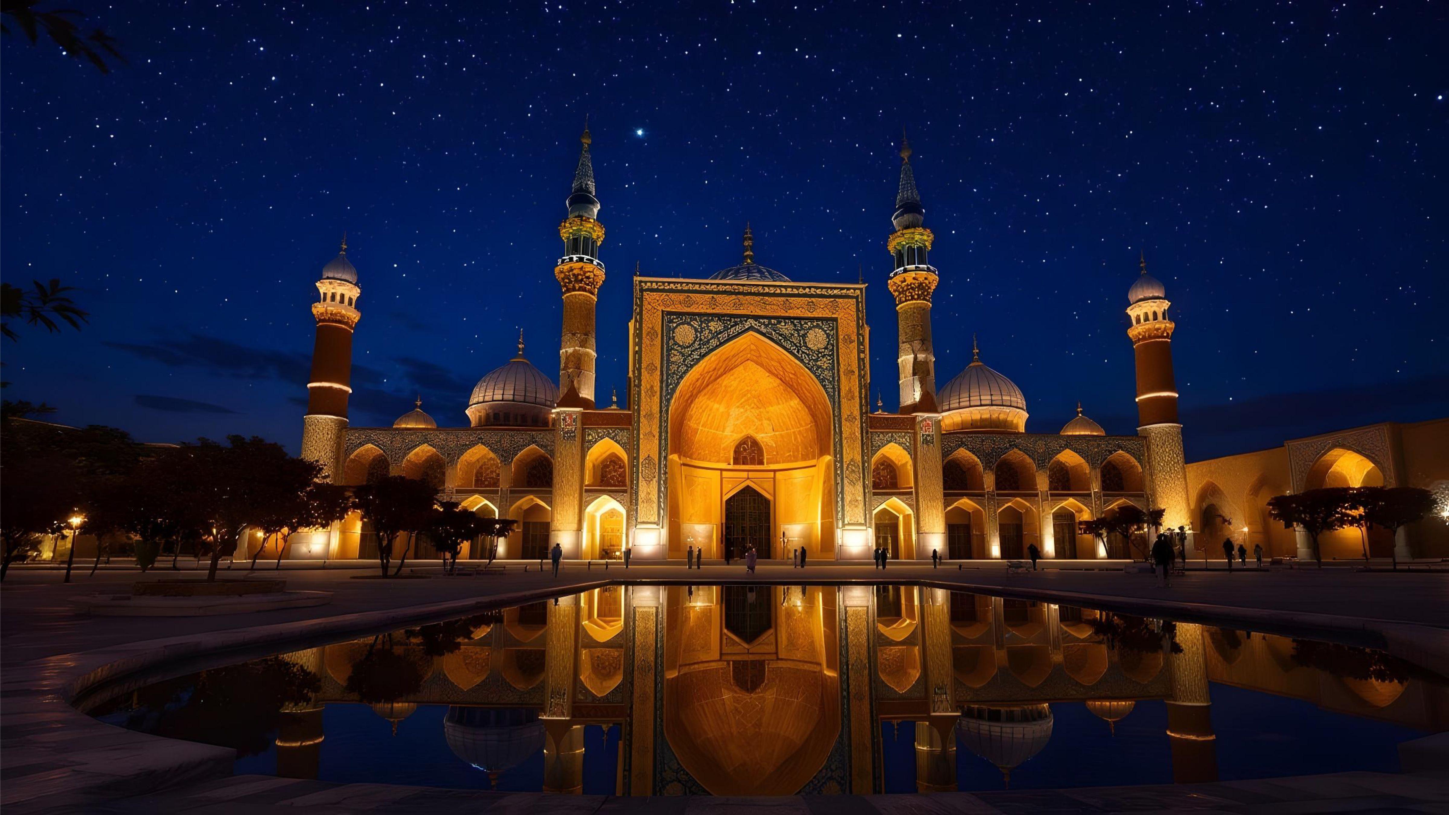 Beautiful Illuminated Mosque at Night with Reflections and Starry Sky Background