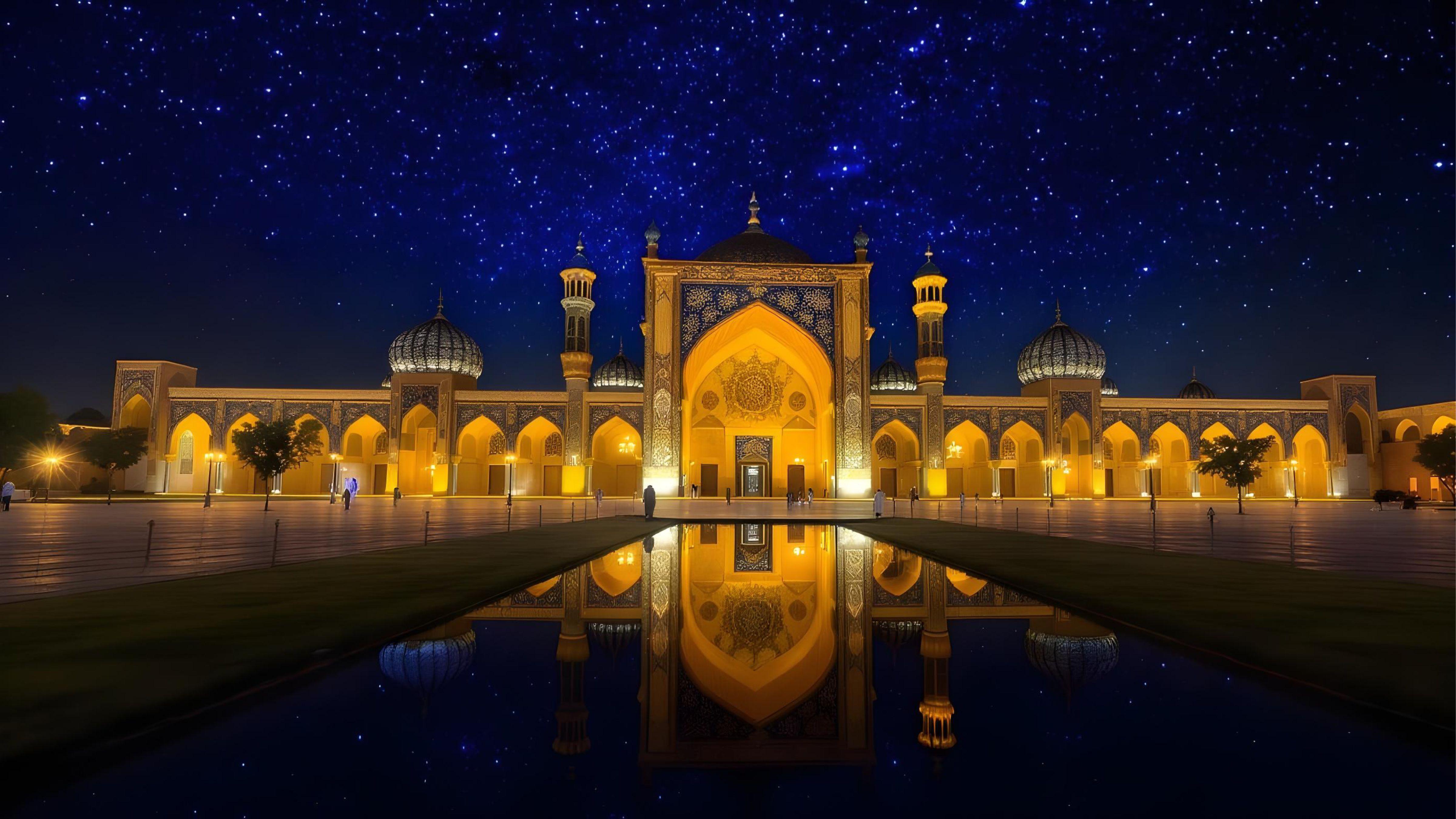 Beautiful Illuminated Mosque at Night with Reflections and Starry Sky Background