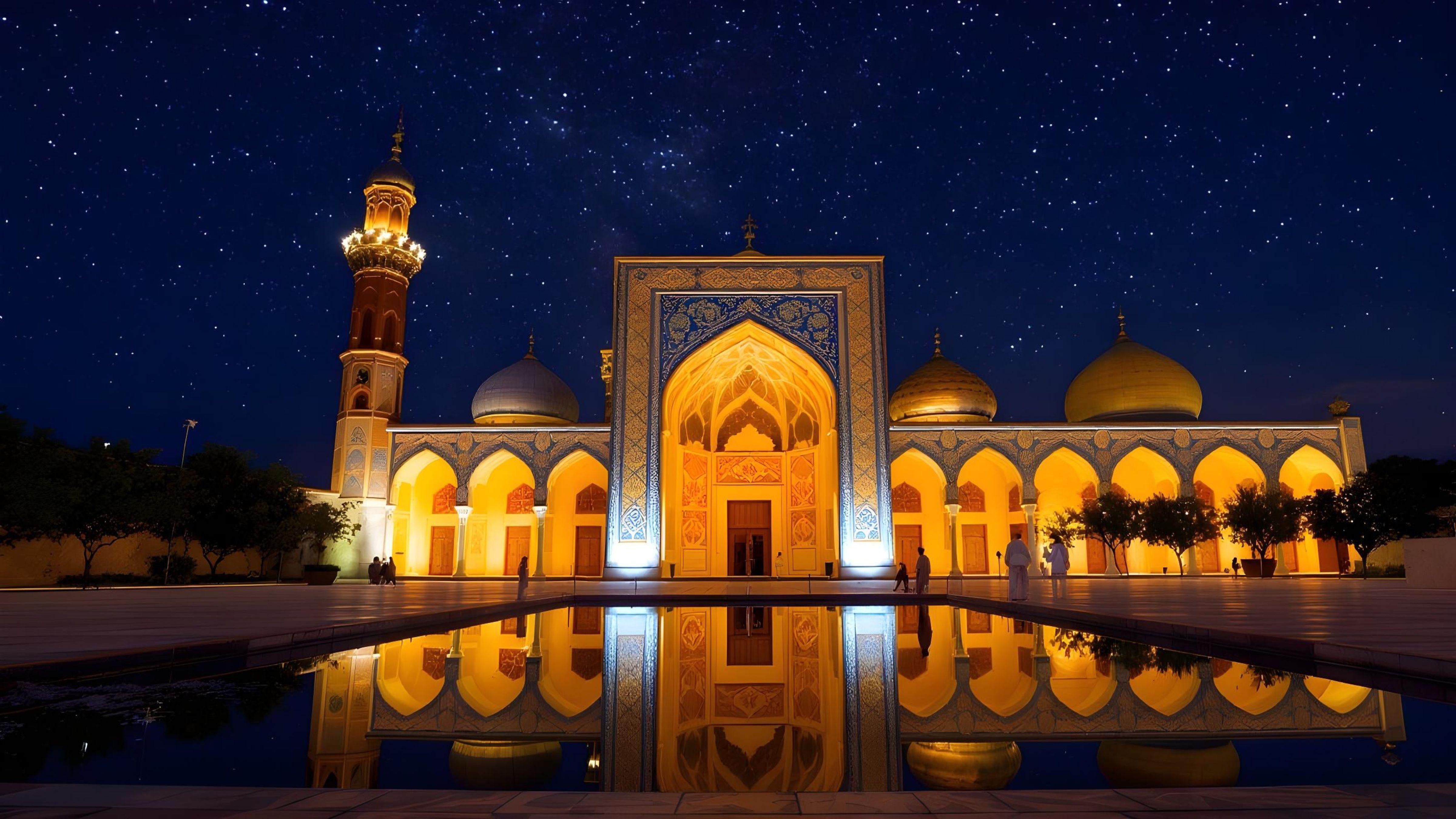 Beautiful Illuminated Mosque at Night with Reflections and Starry Sky Background