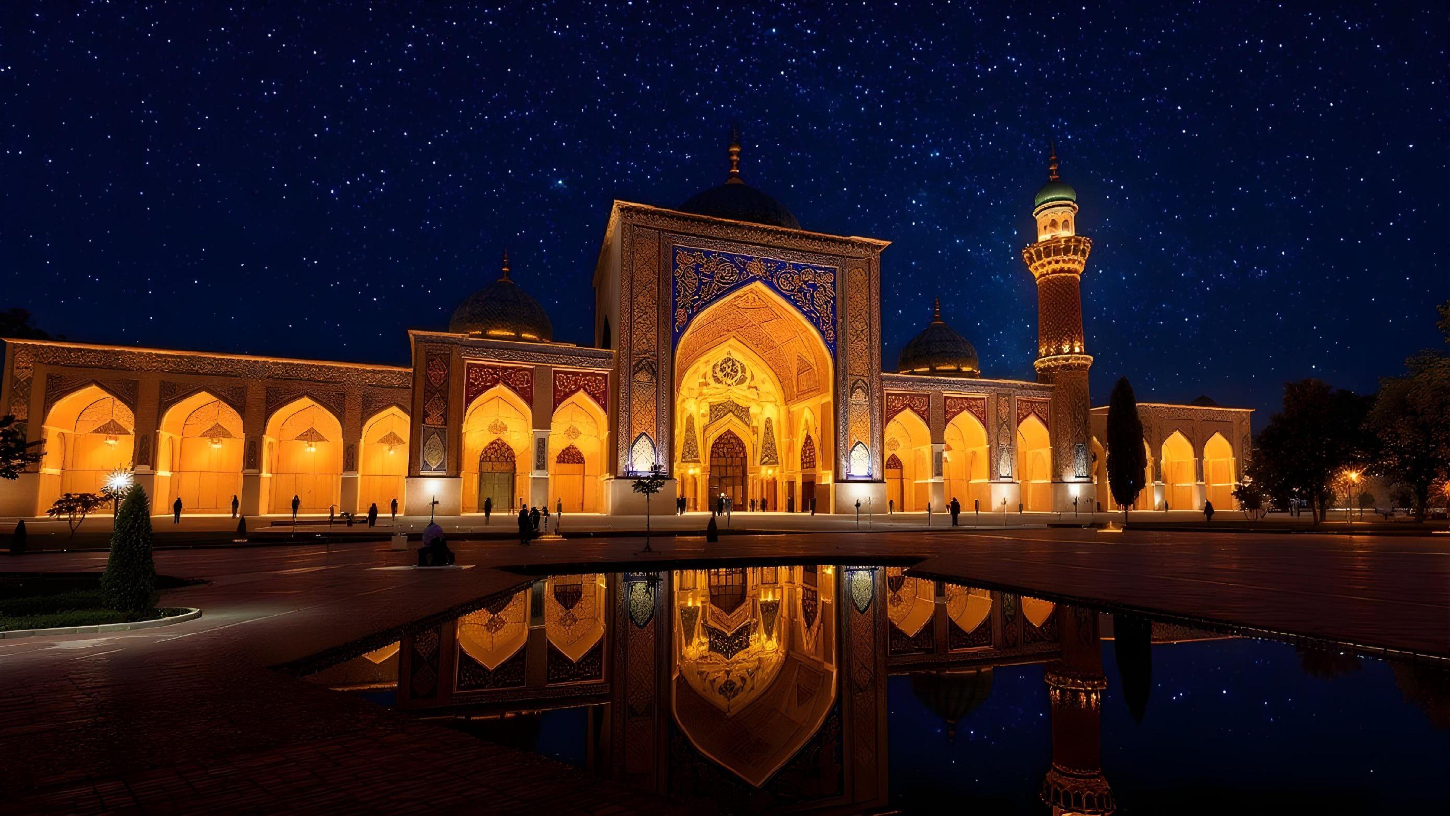 Beautiful Illuminated Mosque at Night with Reflections and Starry Sky Background