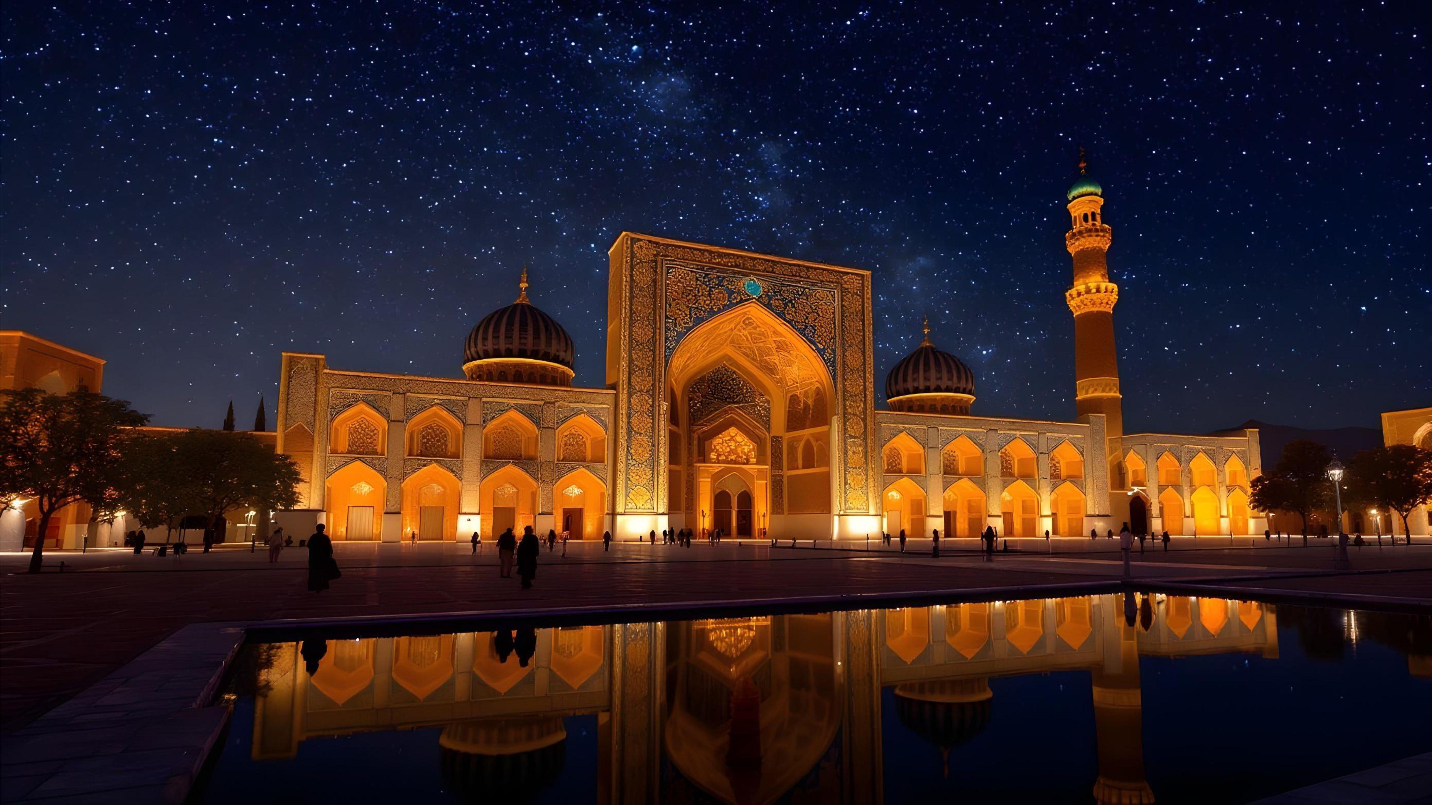 Beautiful Illuminated Mosque at Night with Reflections and Starry Sky Background