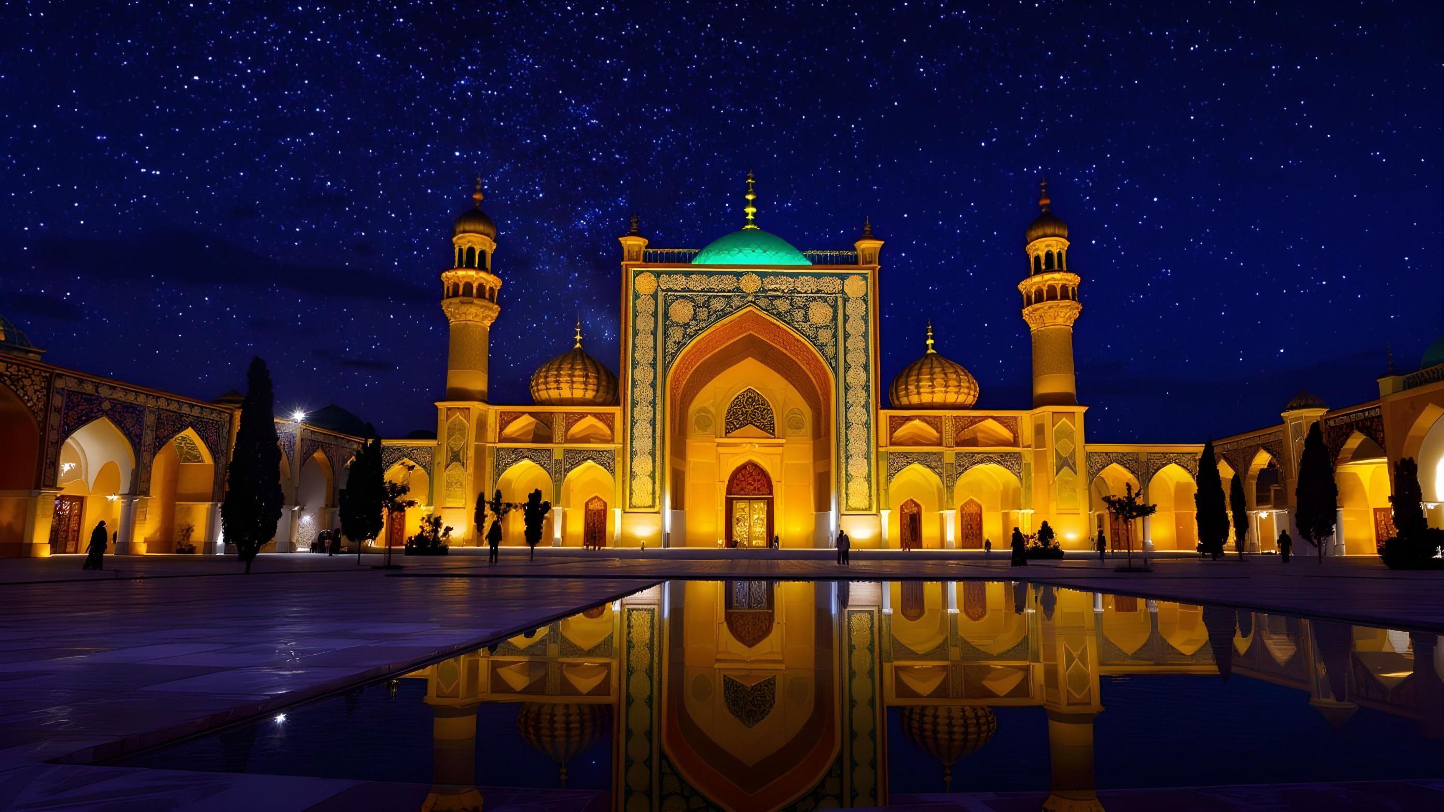 Beautiful Illuminated Mosque at Night with Reflections and Starry Sky Background
