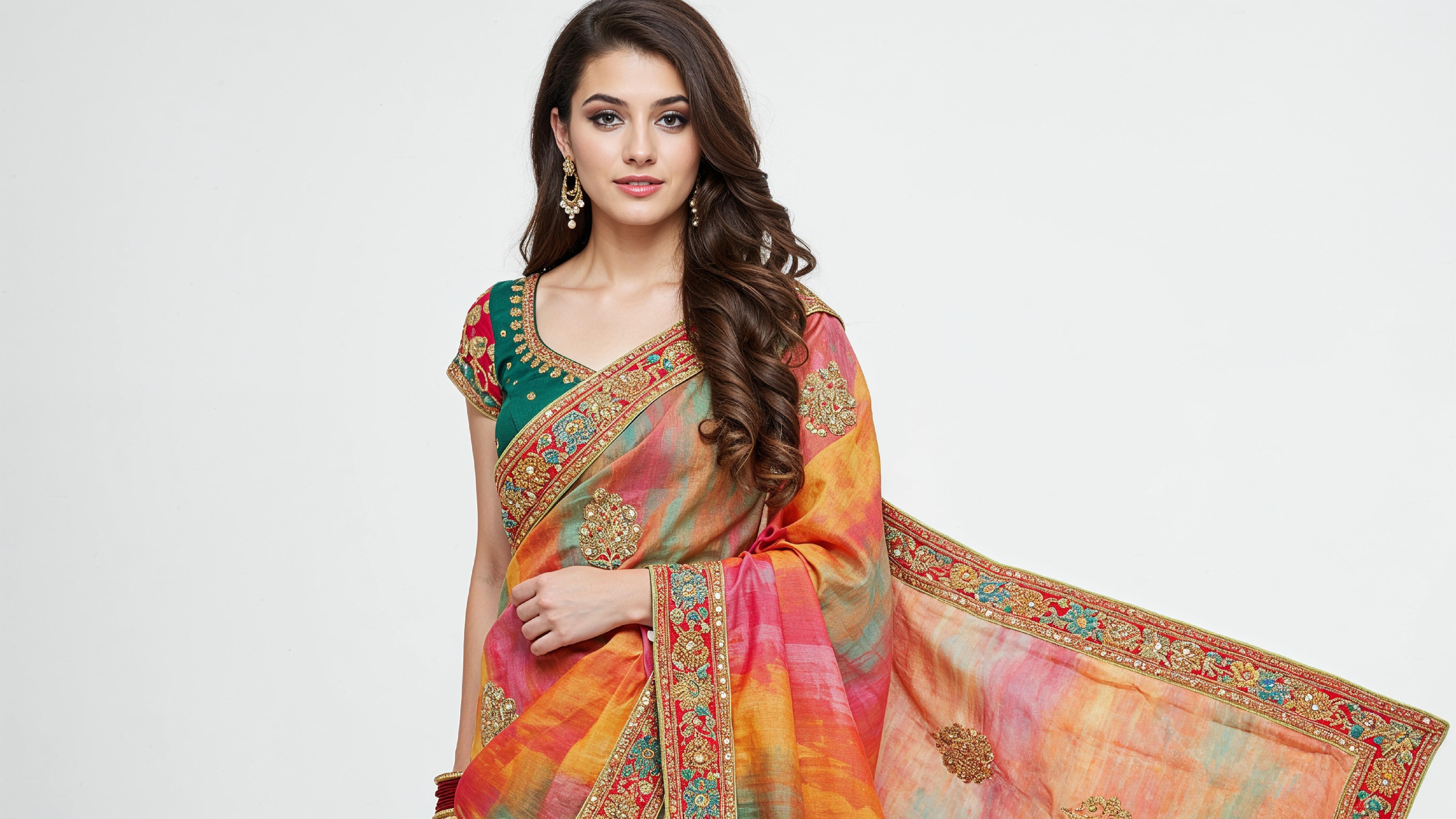 Beautiful Indian Woman Wearing Traditional Saree in Studio Portrait