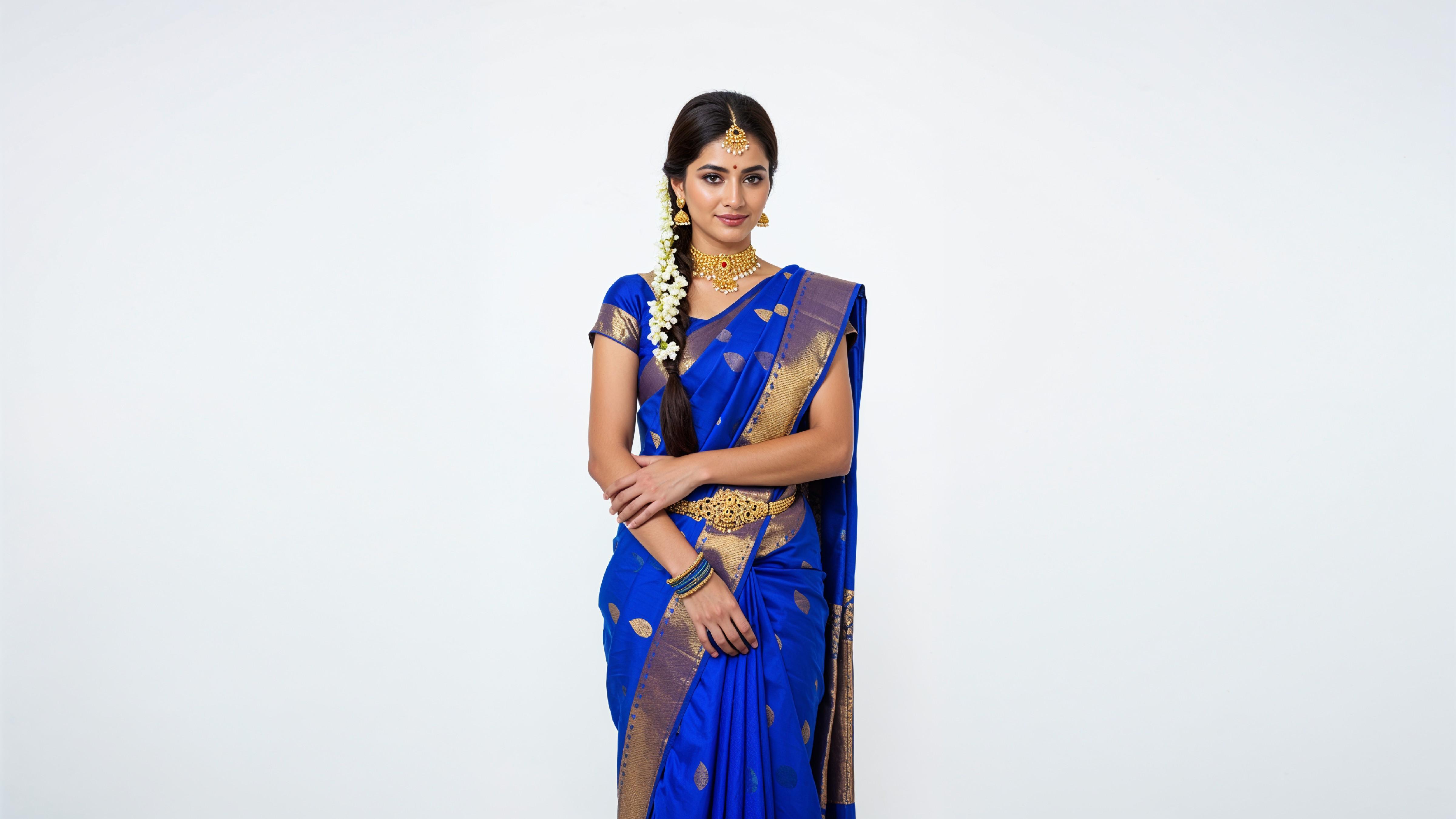 Beautiful Indian Woman Wearing Traditional Saree in Studio Portrait