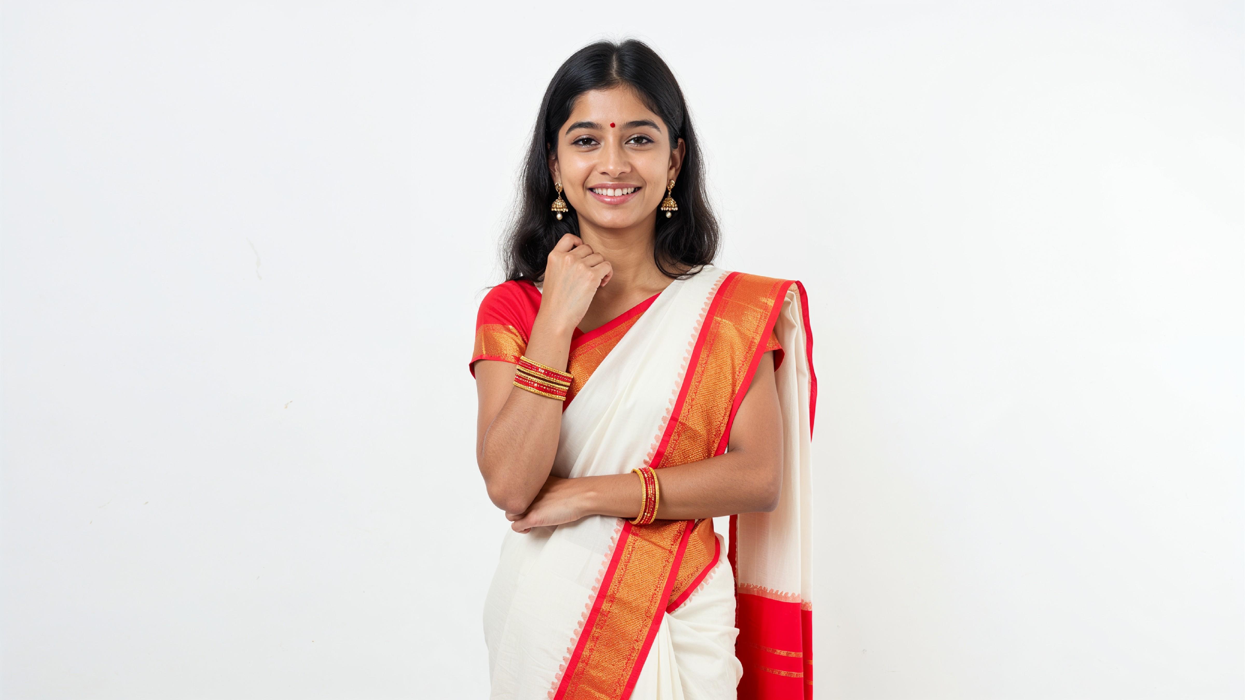 Beautiful Indian Woman Wearing Traditional Saree in Studio Portrait