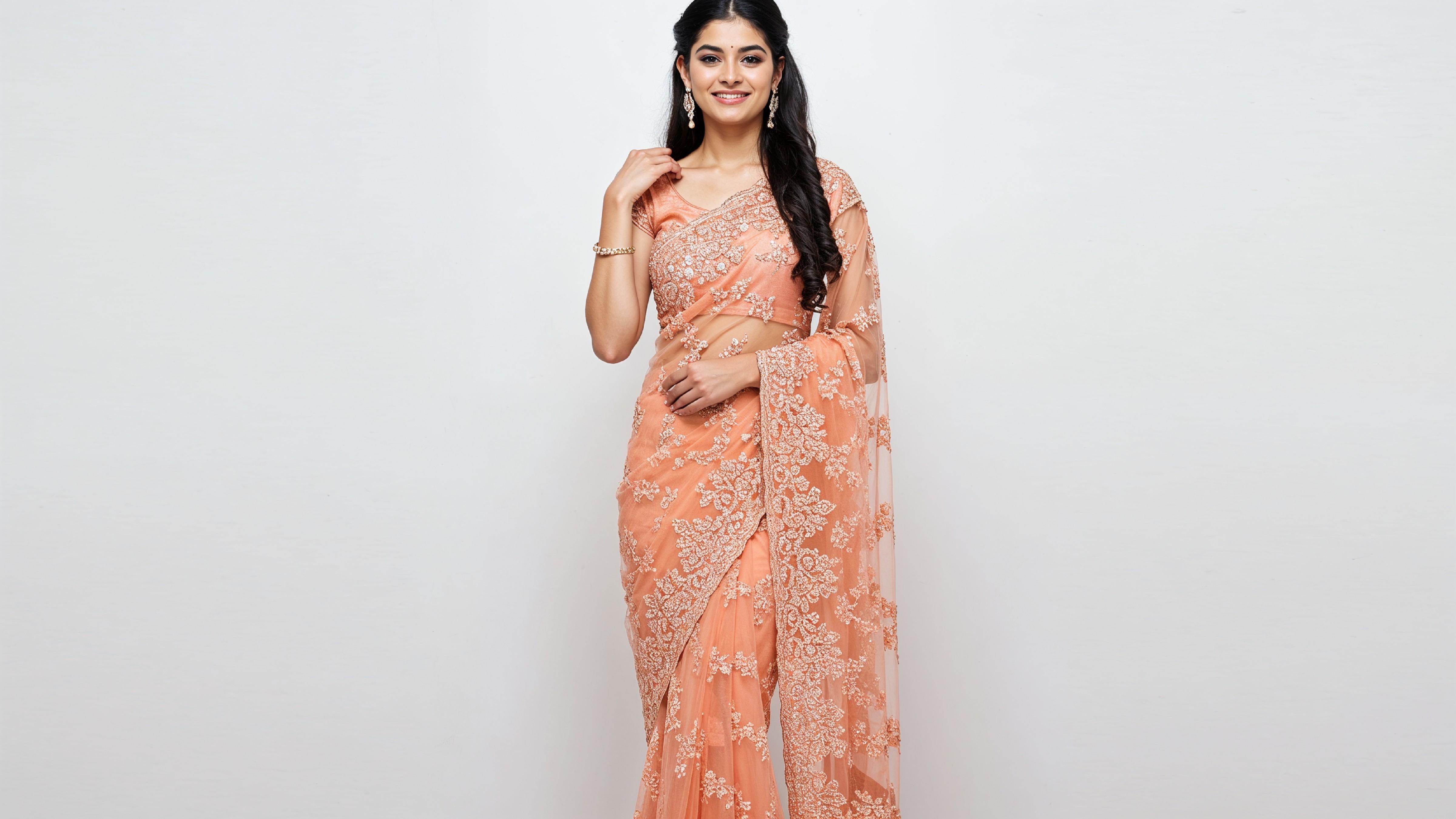 Beautiful Indian Woman Wearing Traditional Saree in Studio Portrait