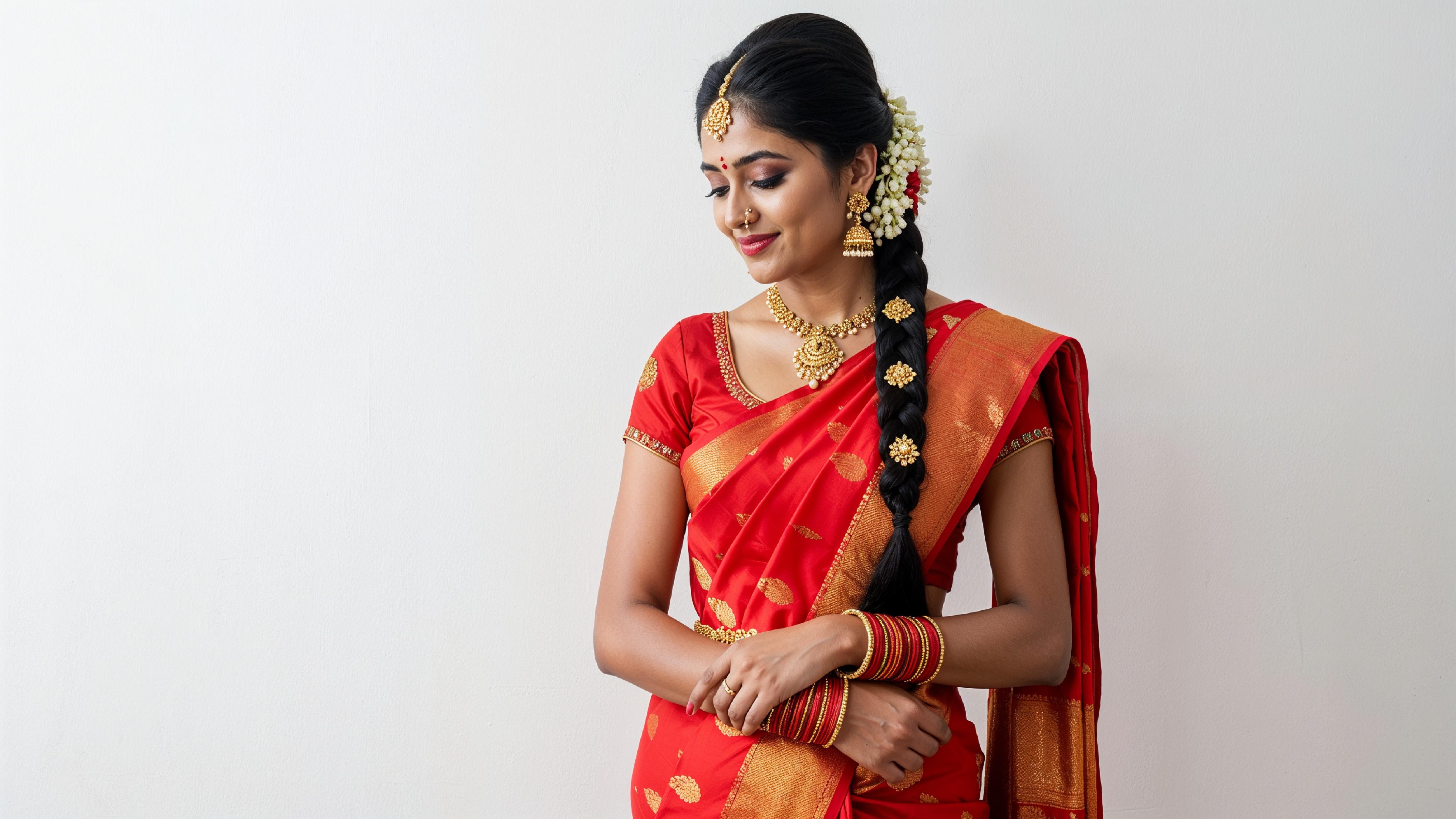 Beautiful Indian Woman Wearing Traditional Saree in Studio Portrait