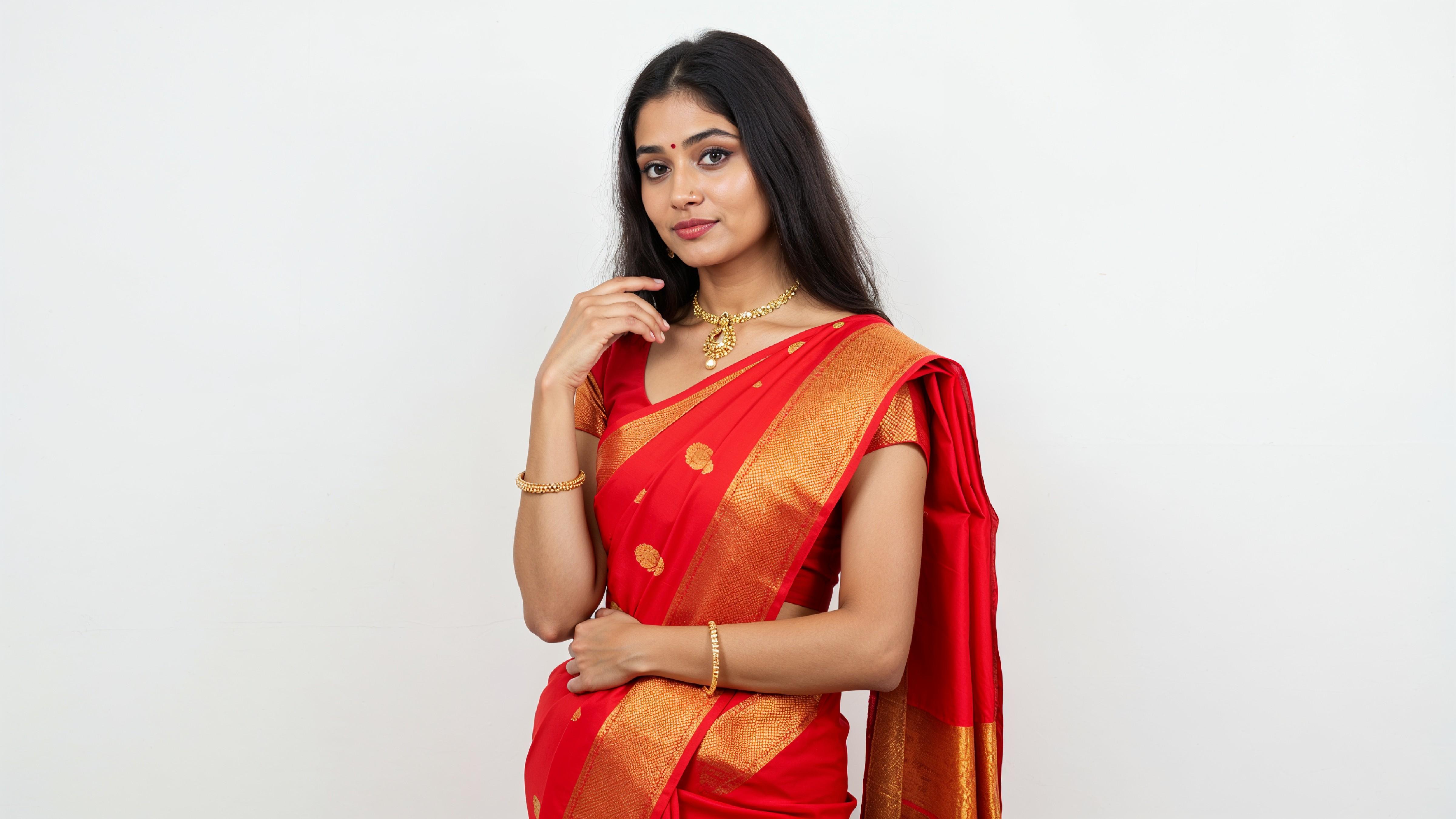 Beautiful Indian Woman Wearing Traditional Saree in Studio Portrait