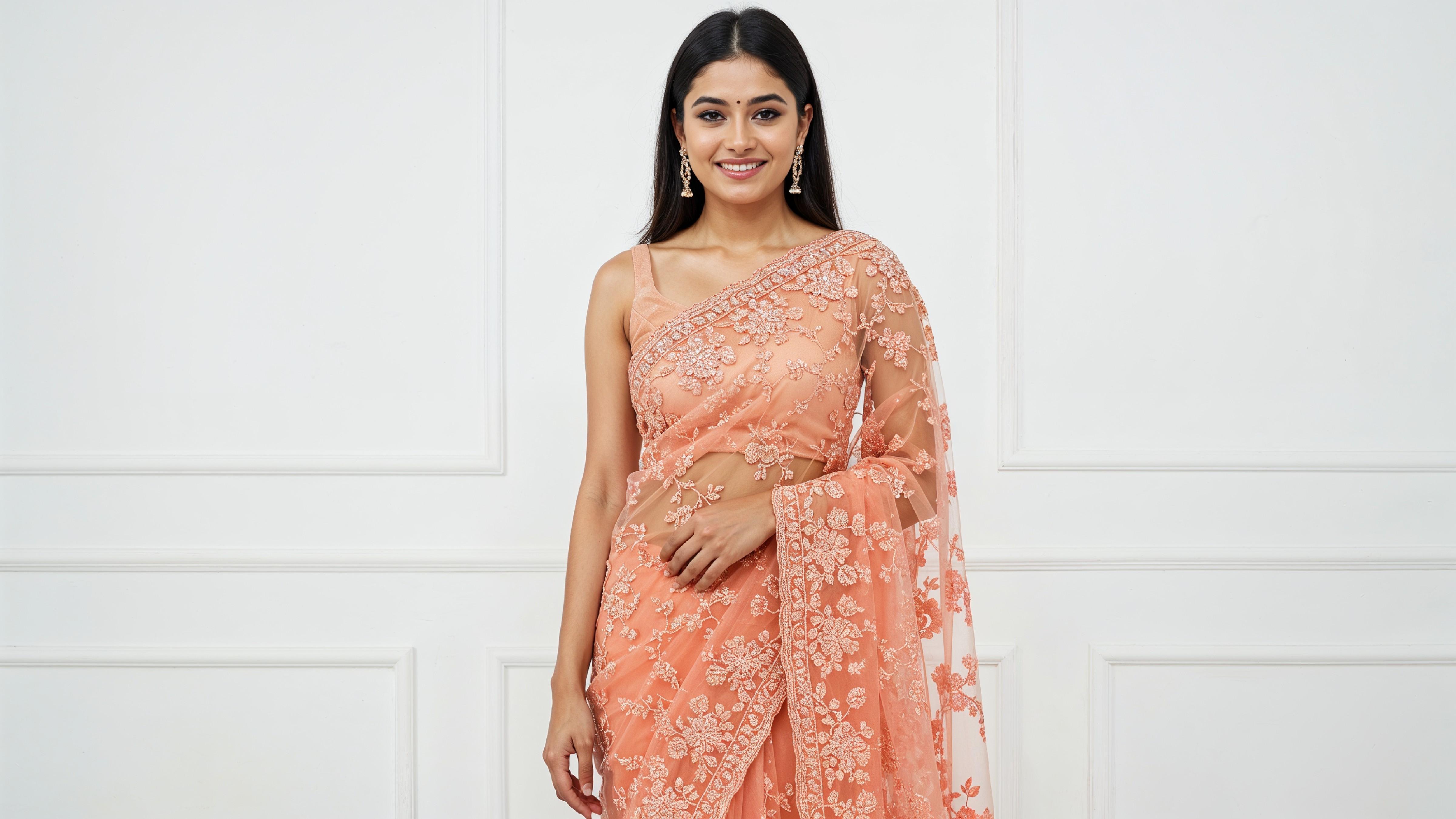 Beautiful Indian Woman Wearing Traditional Saree in Studio Portrait