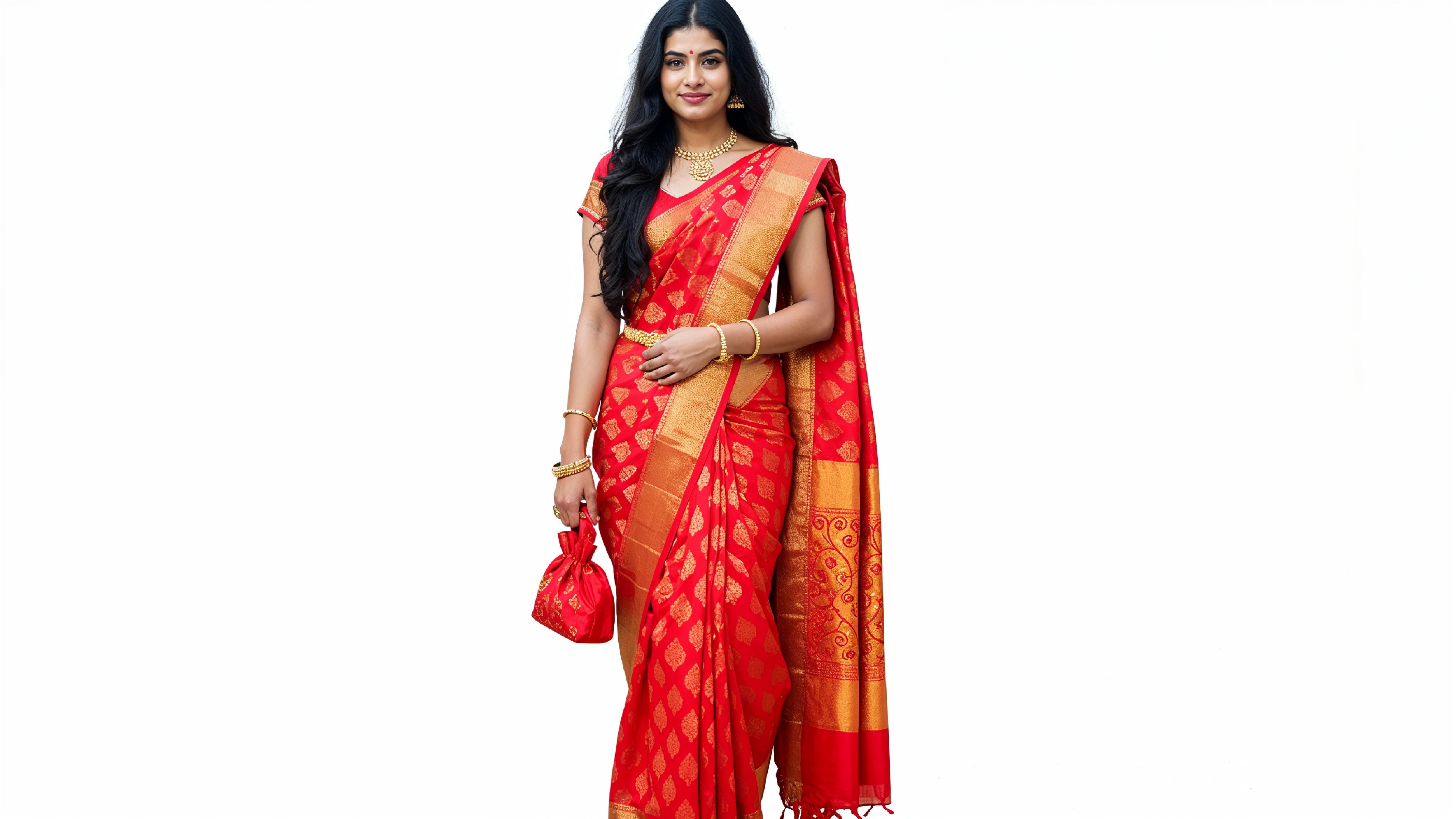 Beautiful Indian Woman Wearing Traditional Saree in Studio Portrait