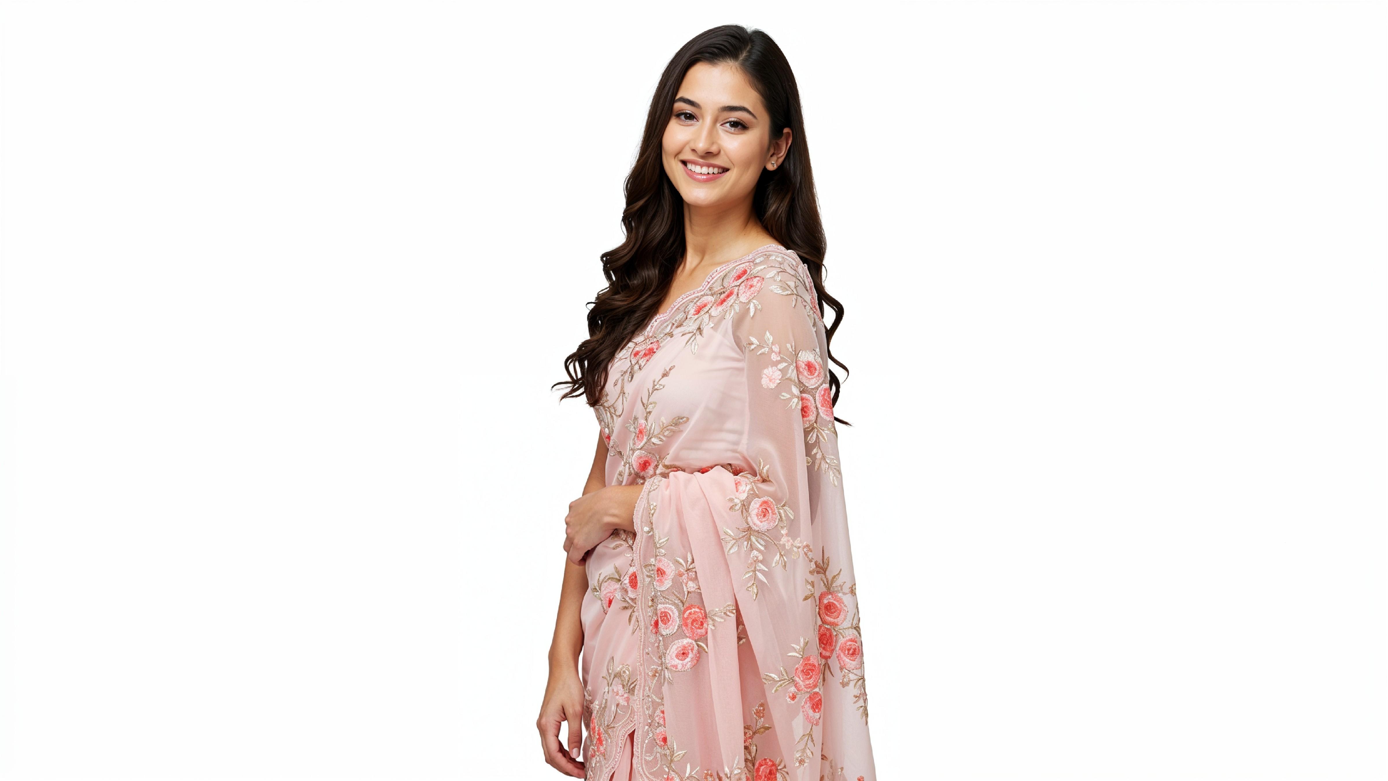 Beautiful Indian Woman Wearing Traditional Saree in Studio Portrait
